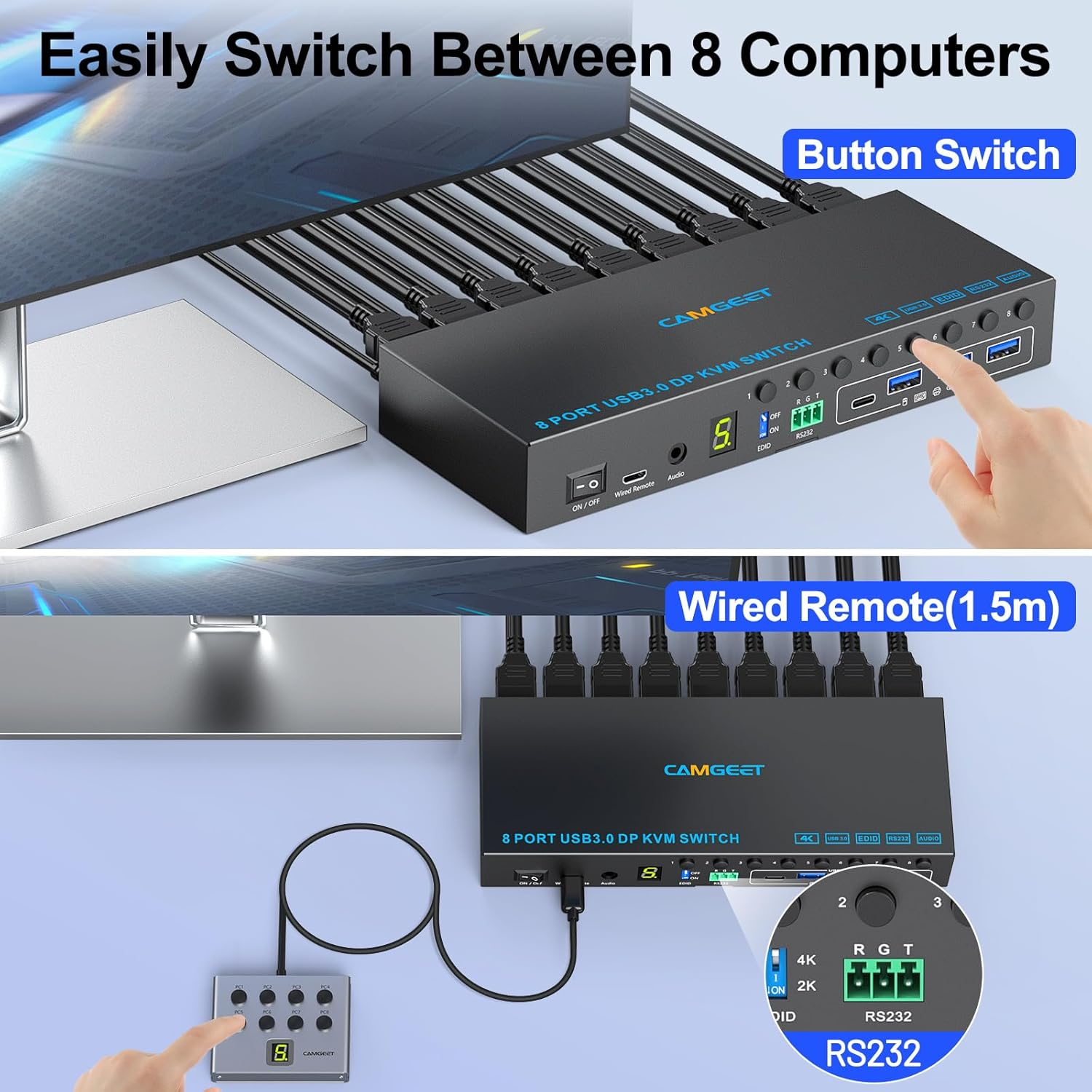 8 Port Displayport KVM Switch 4K@60Hz EDID Simulation, USB3.0 KVM Switch Displayport for 8 Computers Share 1 Monitor and 4 USB Devices,Kvm Switches with Audio RS232 Wied Remote 12V Power and USB Cable image number 4