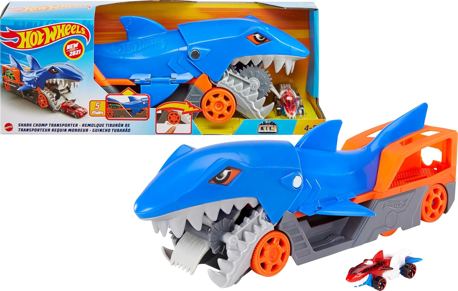 Hot Wheels Shark Chomp Transporter Playset with One 1:64 Scale Car for Kids 4 to 8 Years Old, Shark Bite Hauler Picks up Cars in Its Jaws & Stores up to Five in Its Belly image number 2