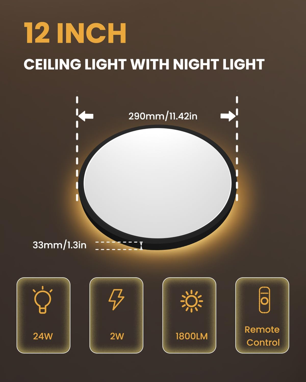 Doright 24W LED Flush Mount Ceiling Light, 12 Inch round LED Ceiling Light Flat with Remote Control, 2400LM, 3000K/4000K/6500K, Dimmable, Timer Function, Night Light Mode - Black image number 6