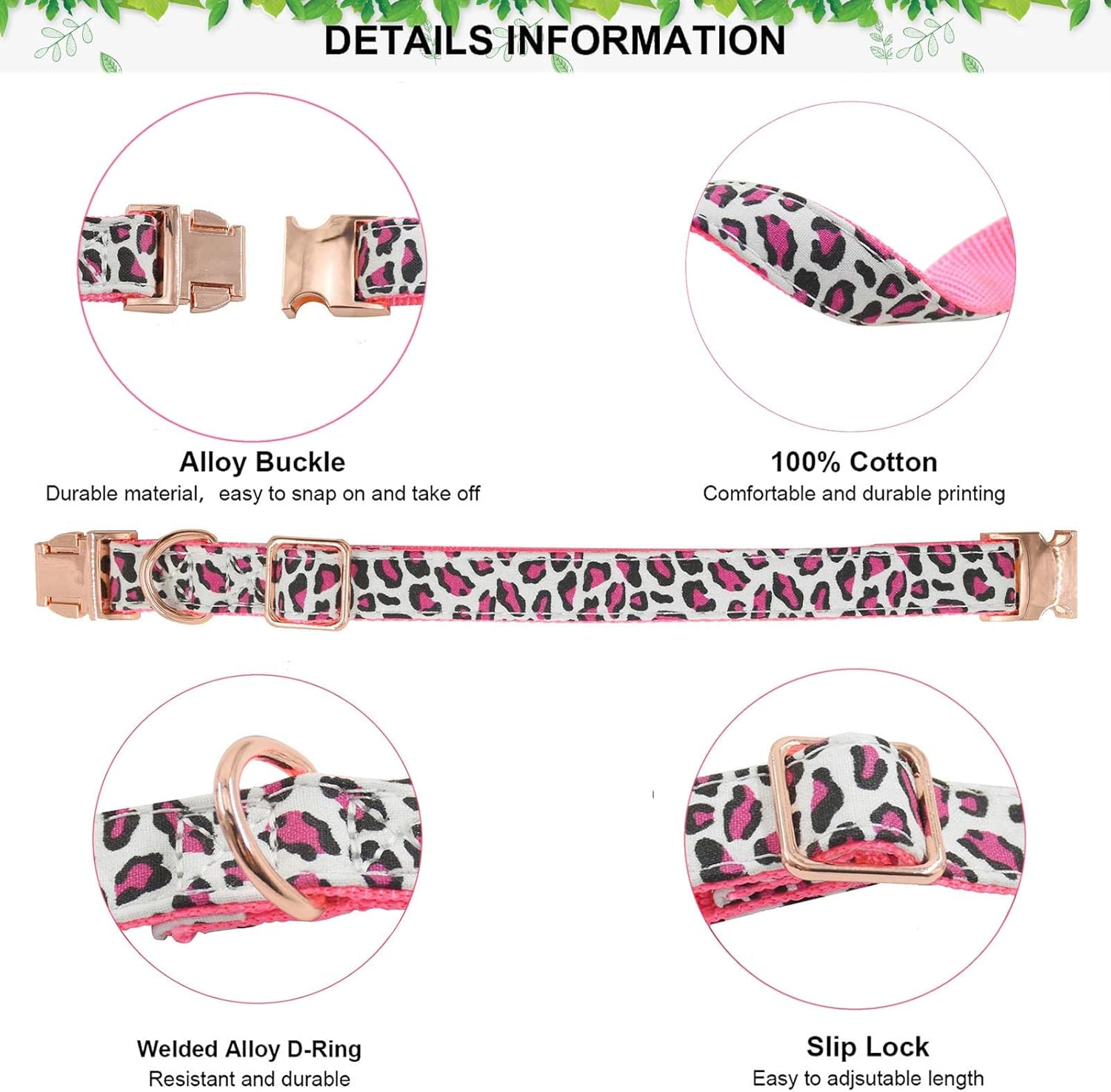 Metal Buckle Dog Collar, Durable Adjustable Dog Collar Soft for Small Medium Large Dogs (S(10-14In), Pink Leopard) image number 6