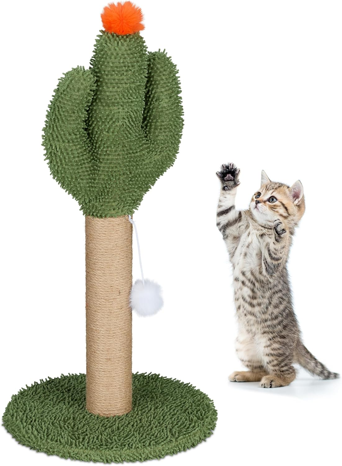 Relaxdays Scratching Post for Cats, Cactus, H X D: 59 X 31 Cm, Cat Scratching Post with Bobbles, Linen Rope, Interactive Scratching Post, Colourful image number 2