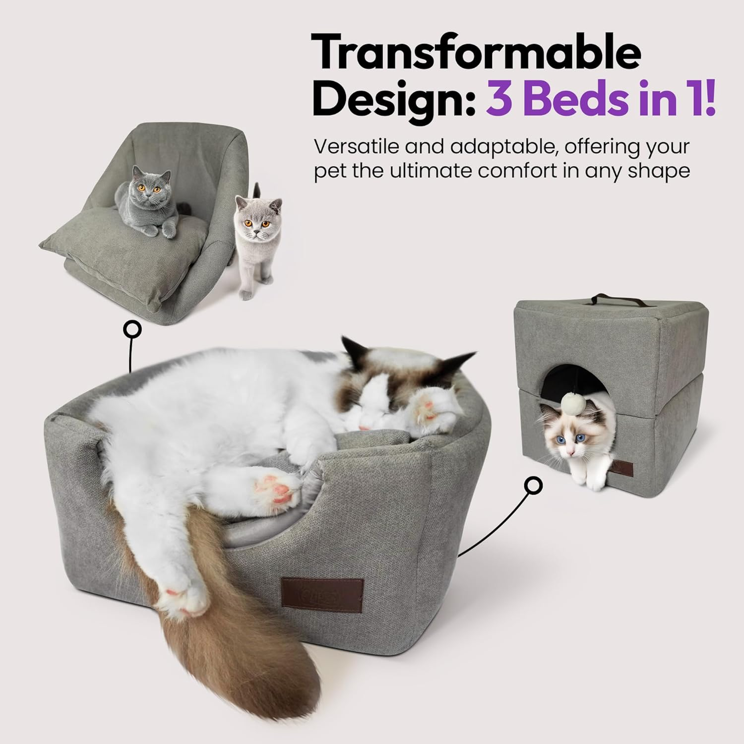 PURRZ Foldable Cat Cube Bed Cave with Leather Handle &ndash; Anti-Stain, Machine Washable Indoor Cat House &ndash; Soft Enclosed Cat Bed for Kittens & Adult Cats &ndash; Modern Grey Hideaway, Portable & Durable image number 5