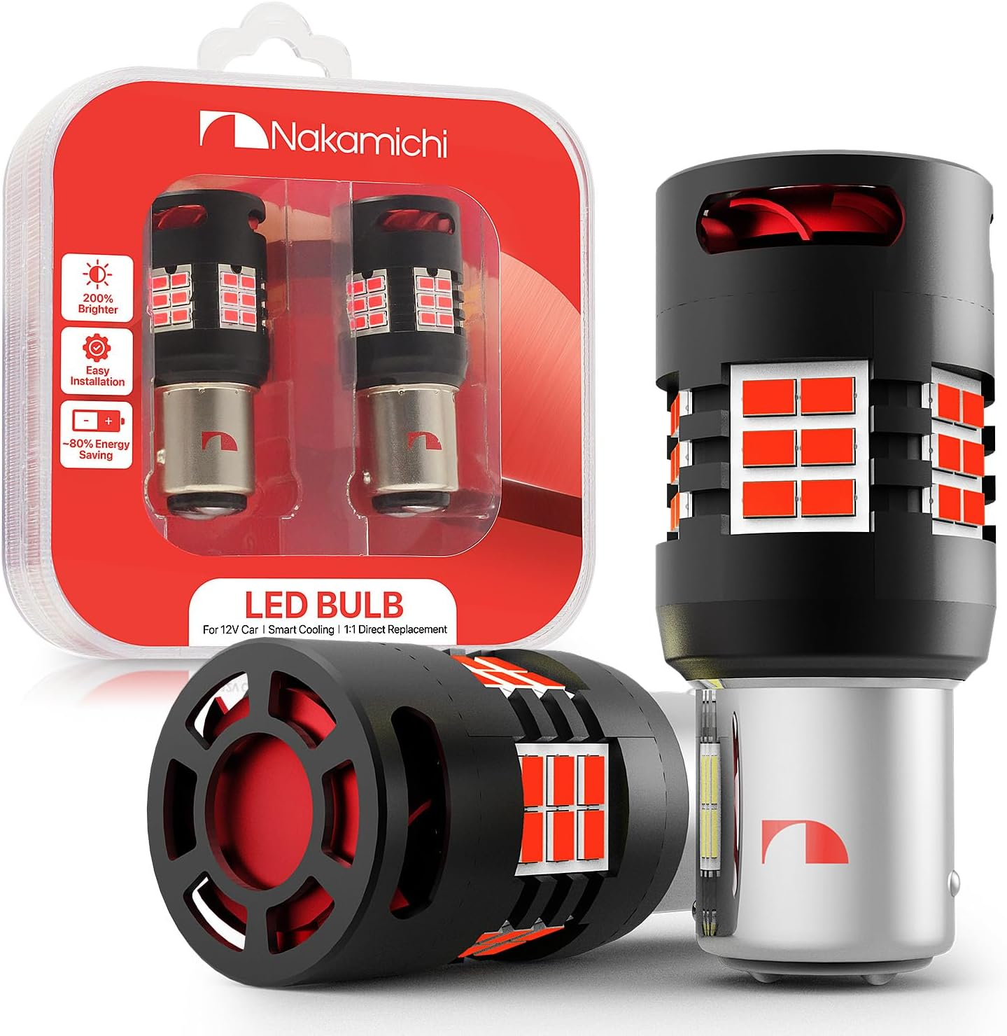 Nakamichi 1157 7528 P21/5W BAY15D Car LED Bulb Super Bright 30-SMD 3020 Chip with Canbus Error-Free 12,000 RPM Fan for Brake Turn Signal Indicator Parking Tail Light (Monza Red, 30 Leds, Pack of 2)