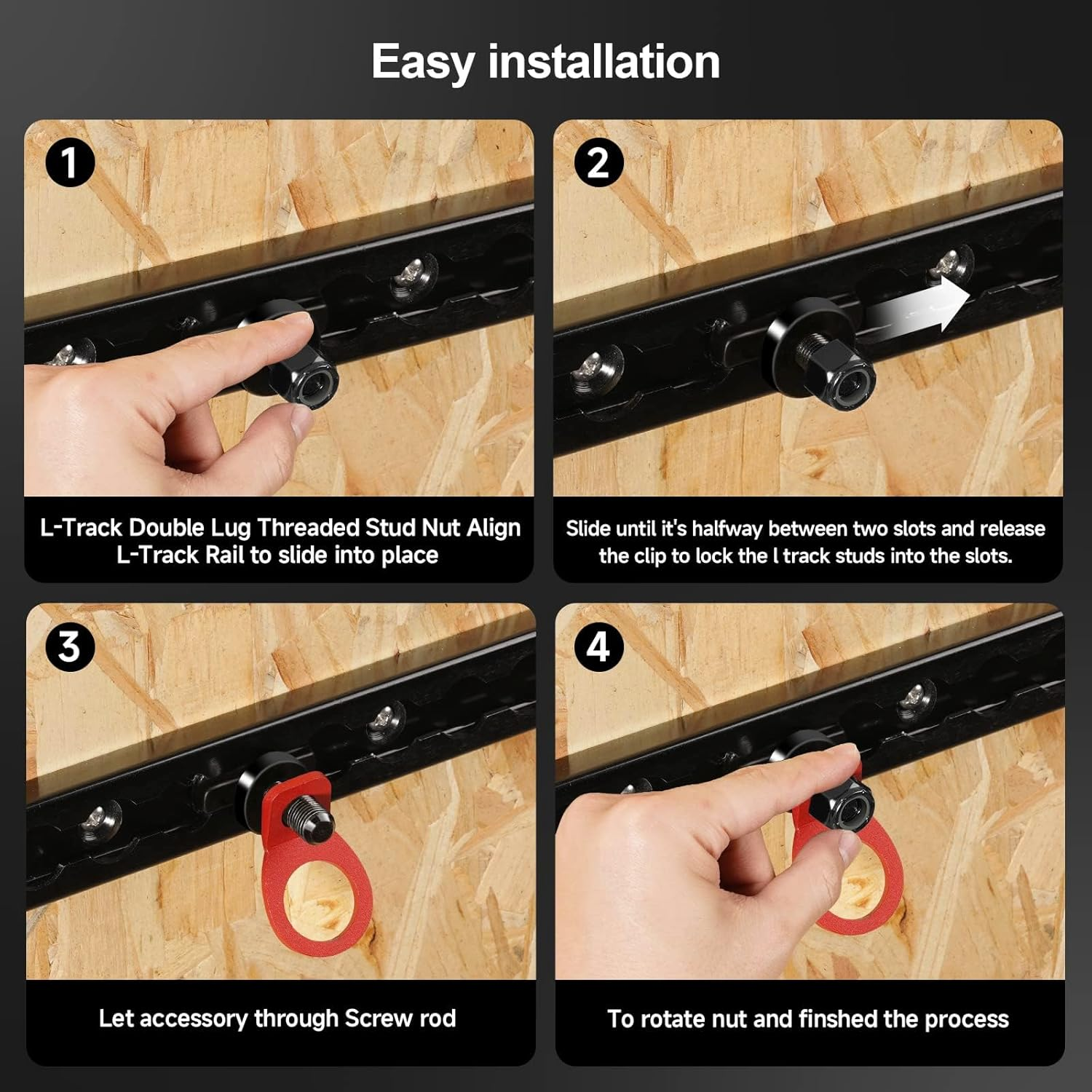 2 Pack L-Track Double Lug Threaded Stud Nut Fitting Tie Down, Used with L Track Rails for Truck Bed or Trailer Cargo Control, Bearing 6000 LBS Heavy Duty Steel, Black image number 1