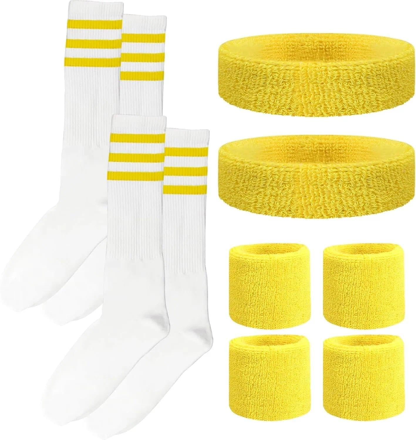 10-Piece 80S 90S Retro Stripe Sweatband & Socks Set - Wristbands and Headbands for Men & Women, Sports Fitness Accessories