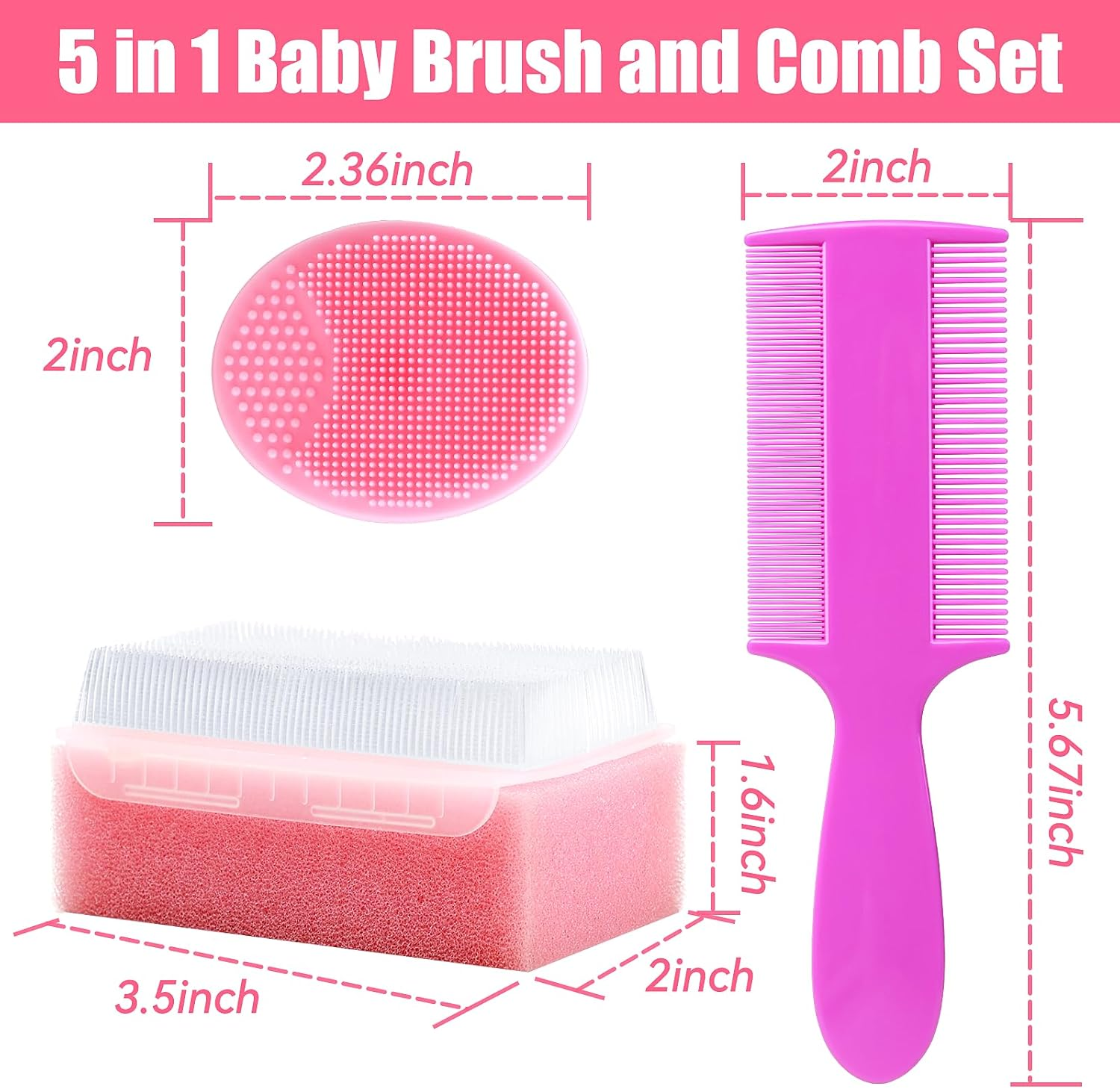 Cradle Cap Brush for Babies, 5Pcs Cradle Cap Treatment Set with Soft Bristle Brushes Silicone Scrubber Long Comb for Newborn Bathing Essentials Baby Brush and Comb Set (Pink) image number 1