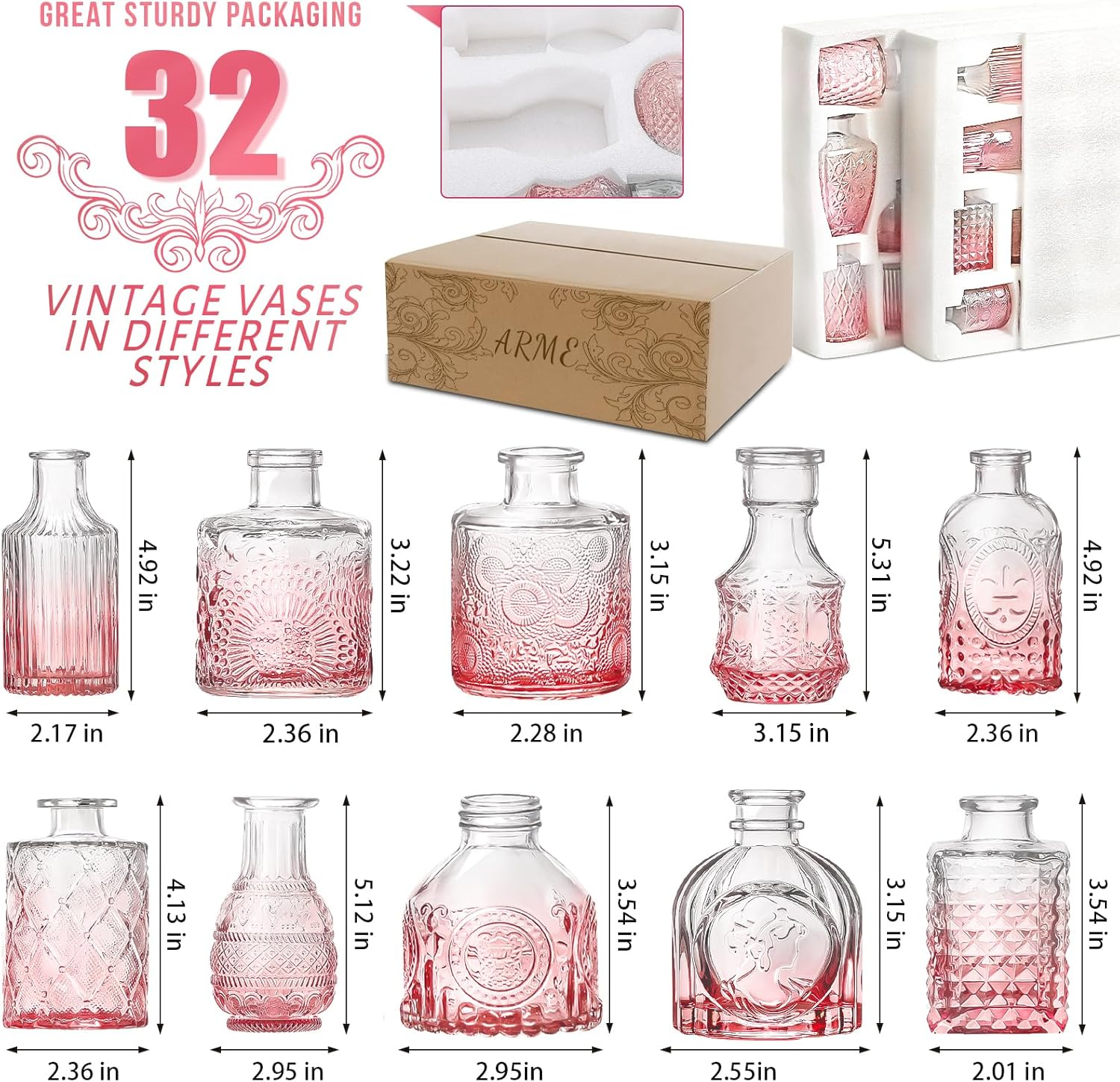 Arme Bud Vase Set of 30, Pink Vases in Bulk Bud Vase for Flower Small Glass Vases for Wedding Centerpieces, Vintage Cute Mini Flower Vases, Home Table Flower Decor image number 1