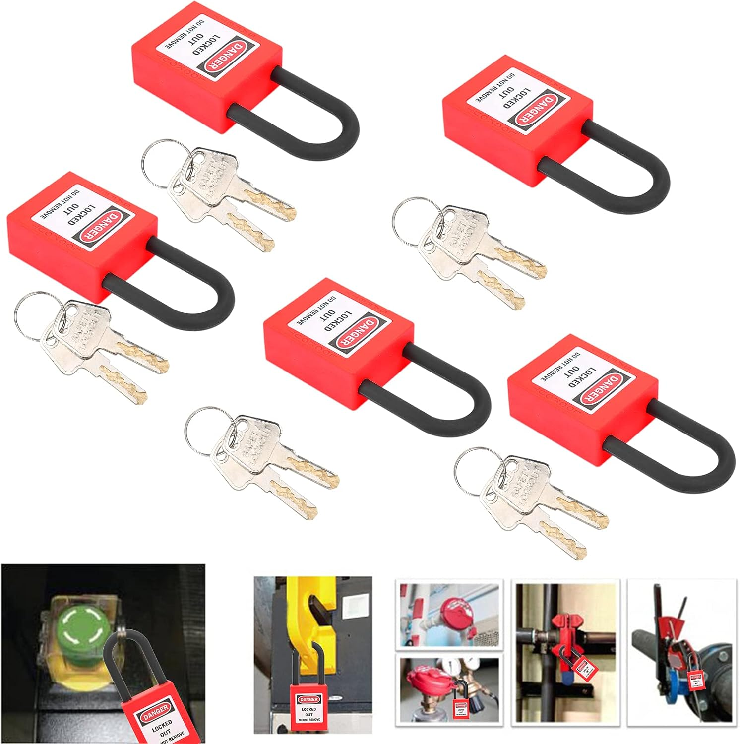 5 Sets Lockout Padlock Lockout Padlock Lockout Tagout Locks Security Lock Nylon Safety Padlock 38Mm (Red) image number 6