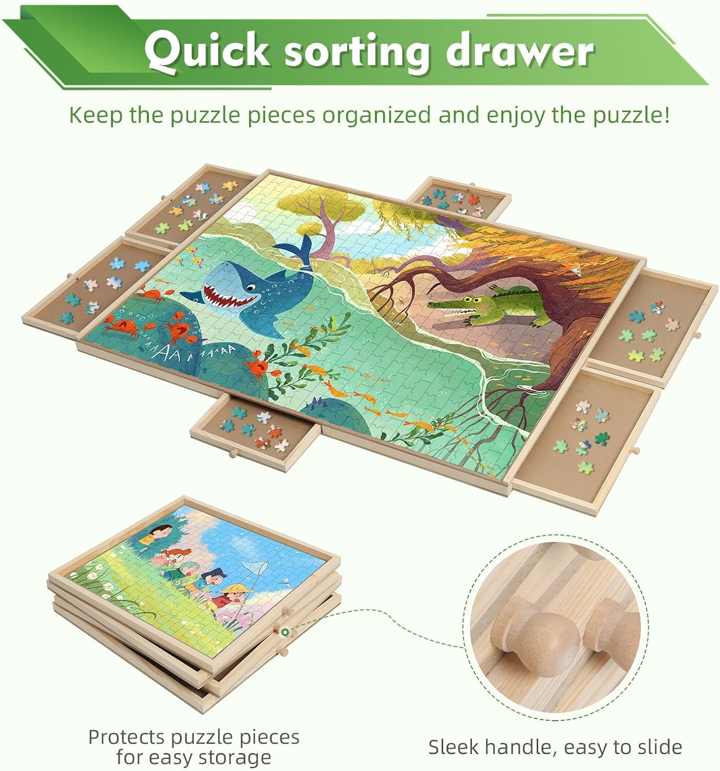 1500 Pieces Wooden Puzzle Board with 6 Drawers, Large Jiasaw Puzzle Board Game Table 360&deg; Rotating for Adults Kids Playing Puzzle Game, Jigsaw Puzzle Board with Puzzle Tray for Organizing Sorting image number 6