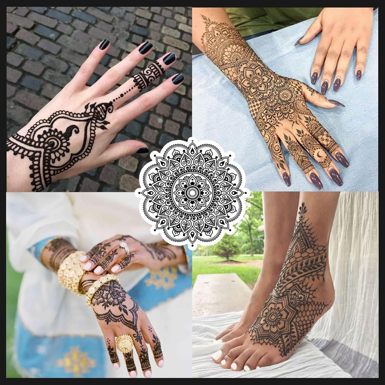 Tattoo Paste Cones, 4Pcs Semi Permanent Temporary Tattoos Kit, India Body DIY Art Painting for Women Men Teen, Summer Trend Freehand Paste with 3 Colors, 20 Adhesive Stencil, 1 Bottle, 4 Nozzles image number 4