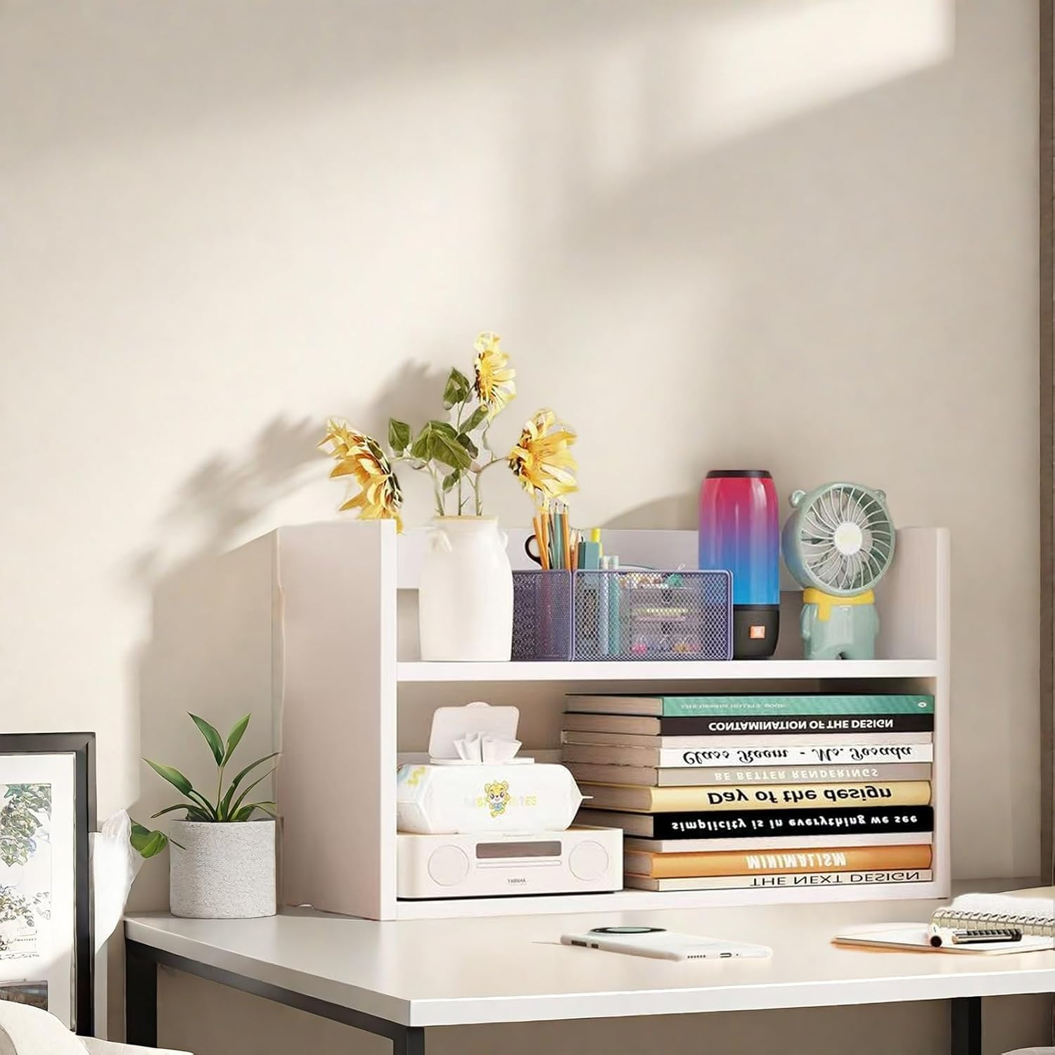 Bookcase, Desktop Organiser Shelf, 2-Tier Wooden Storage Rack for Books and Office Supplies Bookshelf A206 (White) image number 2