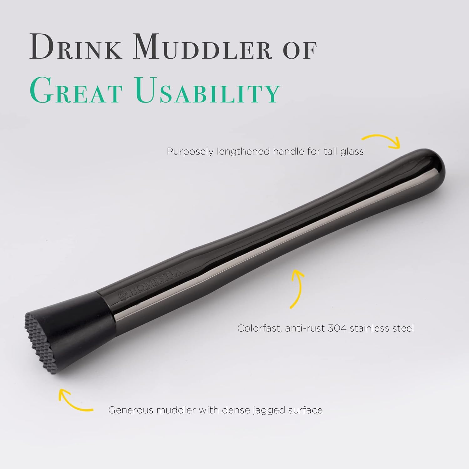 Homestia Drink Muddler for Cocktails - 10 Inch Professional Stainless Steel Muddler - Durable Cocktail Muddler Drink Smasher & Mojito Muddler - Wine Accessories Valentines Day Gifts (Black) image number 4