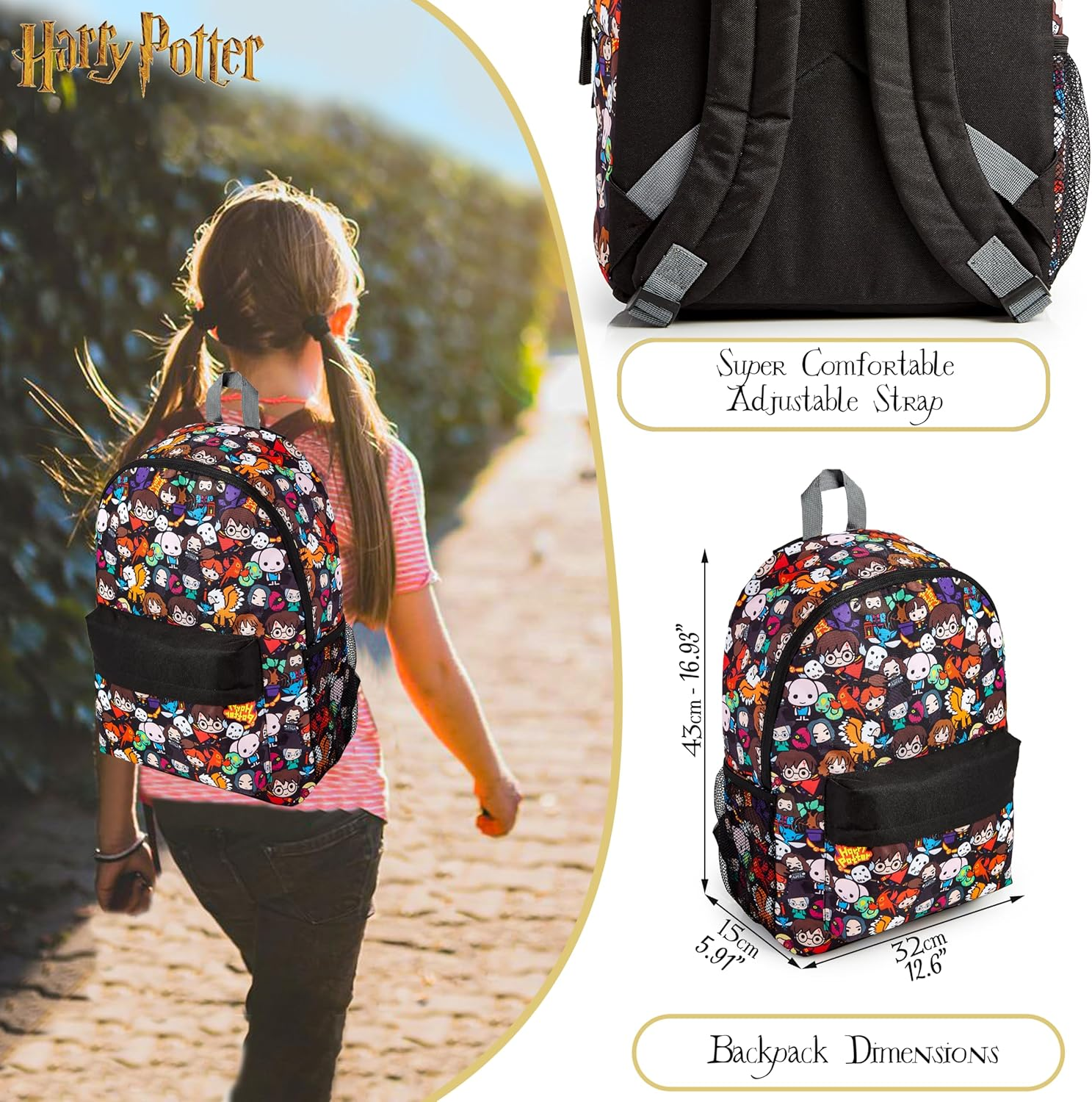 Harry Potter School Bag, Backpacks for Girls Boys with Chibi Character Print, School Supplies for Kids, Large Rucksack for School Travel, Gifts for Boys Girls Teenagers image number 3
