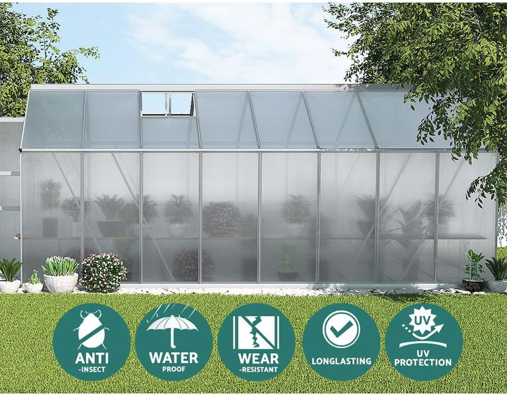 Green Fingers Aluminium Polycarbonate Walk-In Greenhouse 470X250X226Cm with Lockable Door, Ventilation Roof, Drainage System &ndash; Ideal Garden Shed for Plants, Tools & Outdoor Storage image number 5