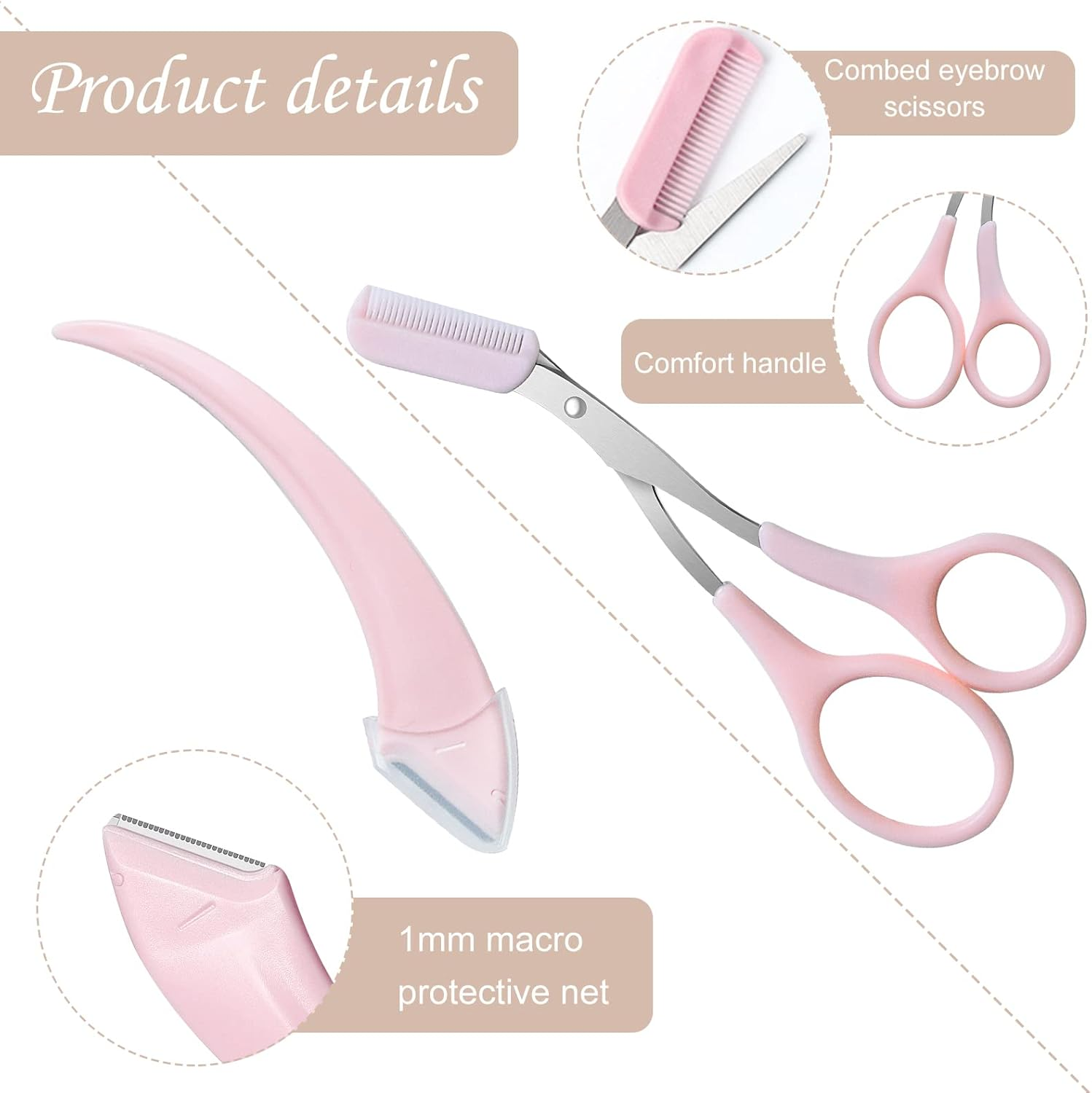 3 Pcs Eyebrow Trimmer Scissor, Eyebrow Razor Eyebrow Comb Scissor Eyebrow Cut Scissor Eyelash Hair Remover Cut Eyebrows Shaping Tool Eyebrow Grooming Set Eyebrow Scissor with Comb for Men Women (Pink) image number 5