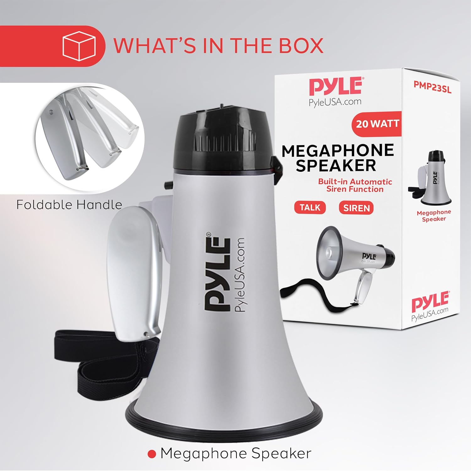 Pyle-Pro Portable Megaphone Speaker Siren Bullhorn - Compact and Battery Operated with 20 Watt Power, Microphone, 2 Modes, PA Sound and Foldable Handle for Cheerleading & Police Use-Pmp23Sl (Silver) image number 4