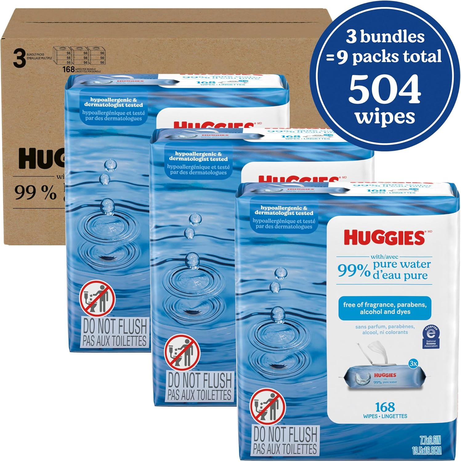 Huggies 99% Pure Water Baby Wipes, Unscented, 9 Flip-Top Packs (3 Packs of 3), 504 Wipes Total, Packaging May Vary image number 6