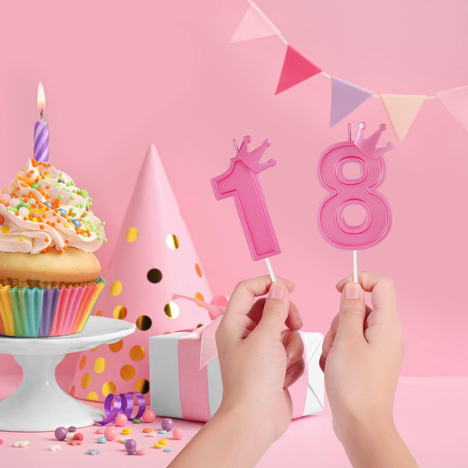3 Inch Birthday Number Candle, 3D Number Candle with Crown Decor Large Cake Topper Number Candles for Birthday Cakes Wedding Anniversary Graduation Festival Party (Pink, 4) image number 3
