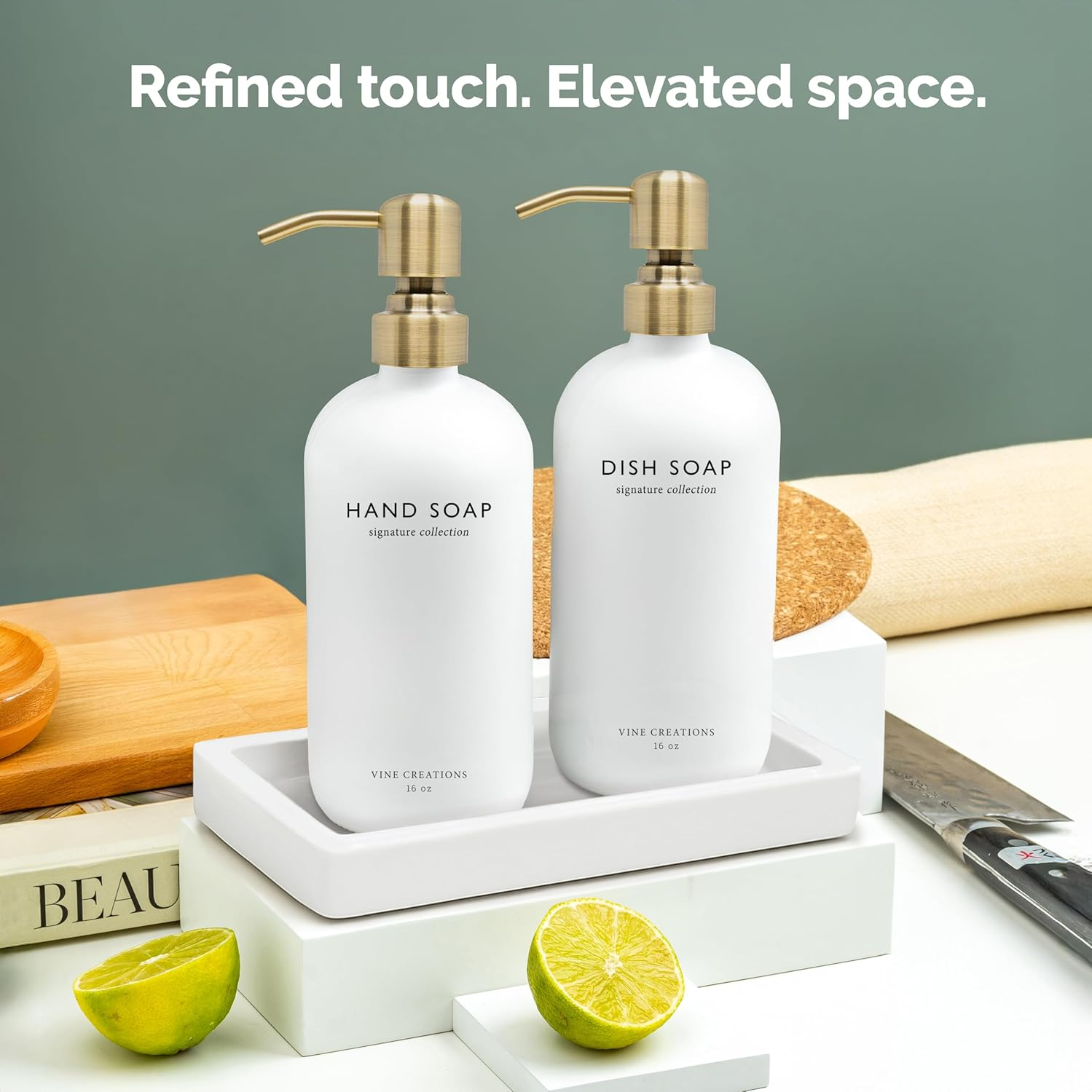 Vine Creations Glass Soap Dispenser Set, Kitchen Soap Dispenser Set with Ceramic Tray, 16 Oz Dish Soap and Hand Soap Dispenser Set with Stainless Steel Pump Decor (White Bottle/Brushed Brass)