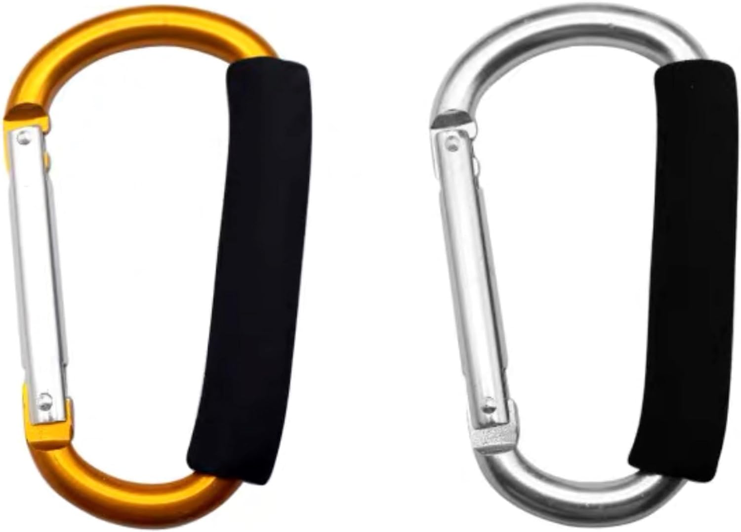 Large Stroller Hooks for Mommy, 2 Pcs Carabiner Stroller Hook Organizer for Hanging Purses, Diaper Bag, Shopping Bags. Clip Fits Single/Twin Travel Systems, Car Seats and Jo (Silver+Golden Yellow)