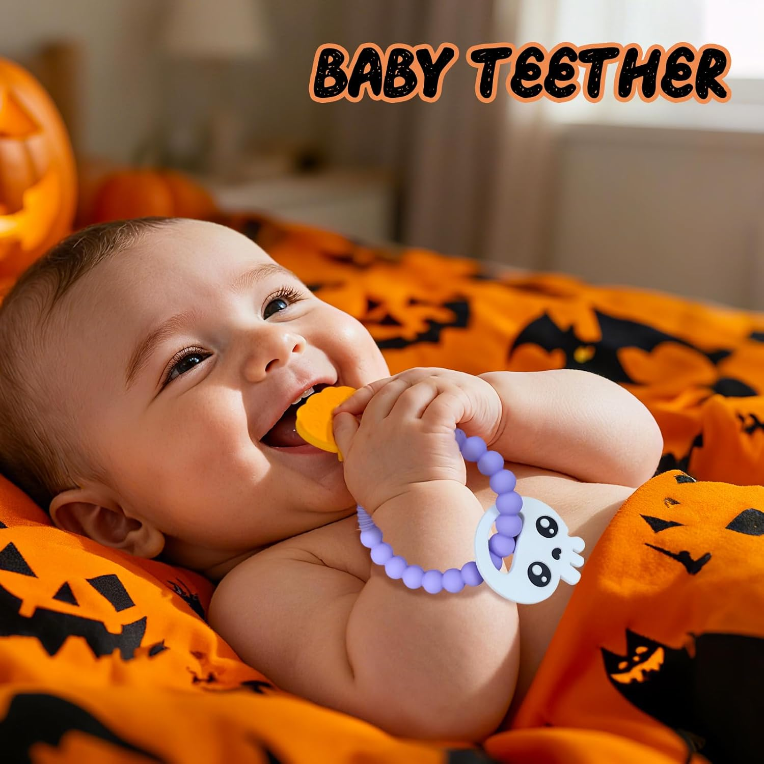 NNAKLLI Halloween Baby Teething Toys, Food Grade Silicone Teether for 3-12 Months, Textured Sensory Chewing Ring for Infants & Toddlers, Boo Basket Stuffer, Great for Baby&rsquo;S First Halloween (Pumpkin & Skeleton)