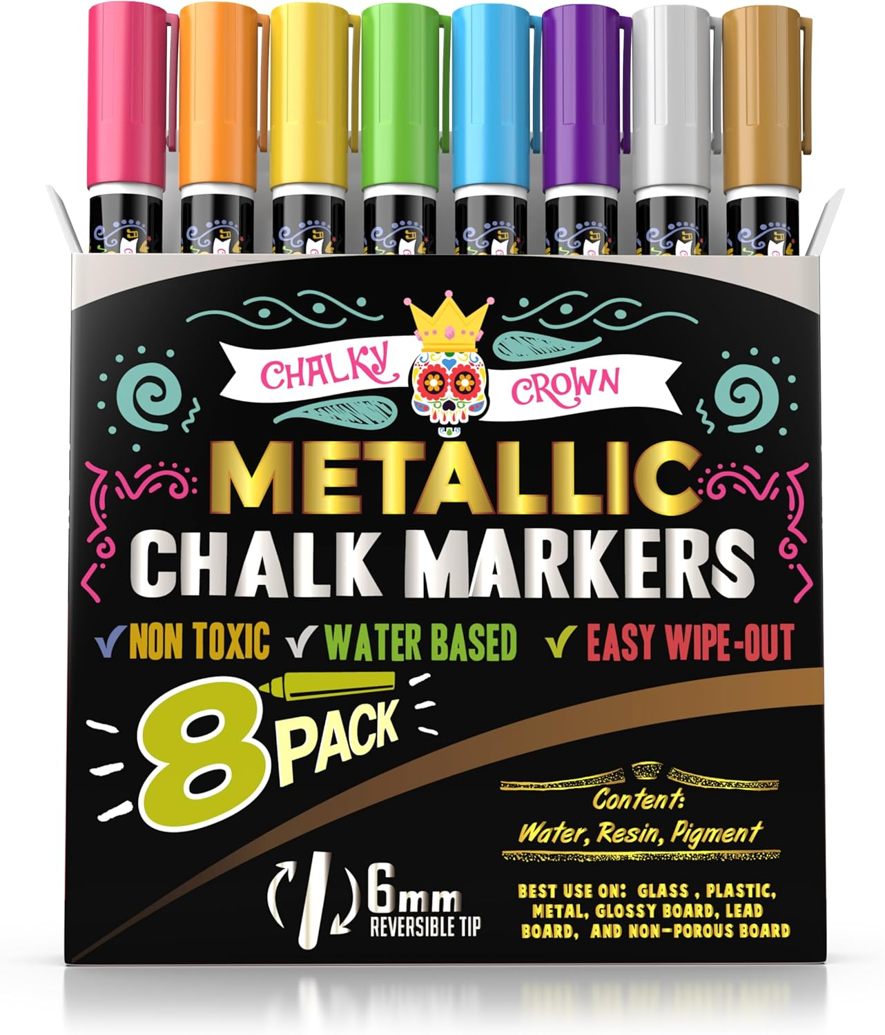 CHALKY CROWN Metallic Liquid Chalk Markers for Blackboard - Drawing Markers with Reversible Bullet and Chisel Tips - Dust Free Charlkboard Markers - Chalk Pens Mirror Pens (8 Pack)
