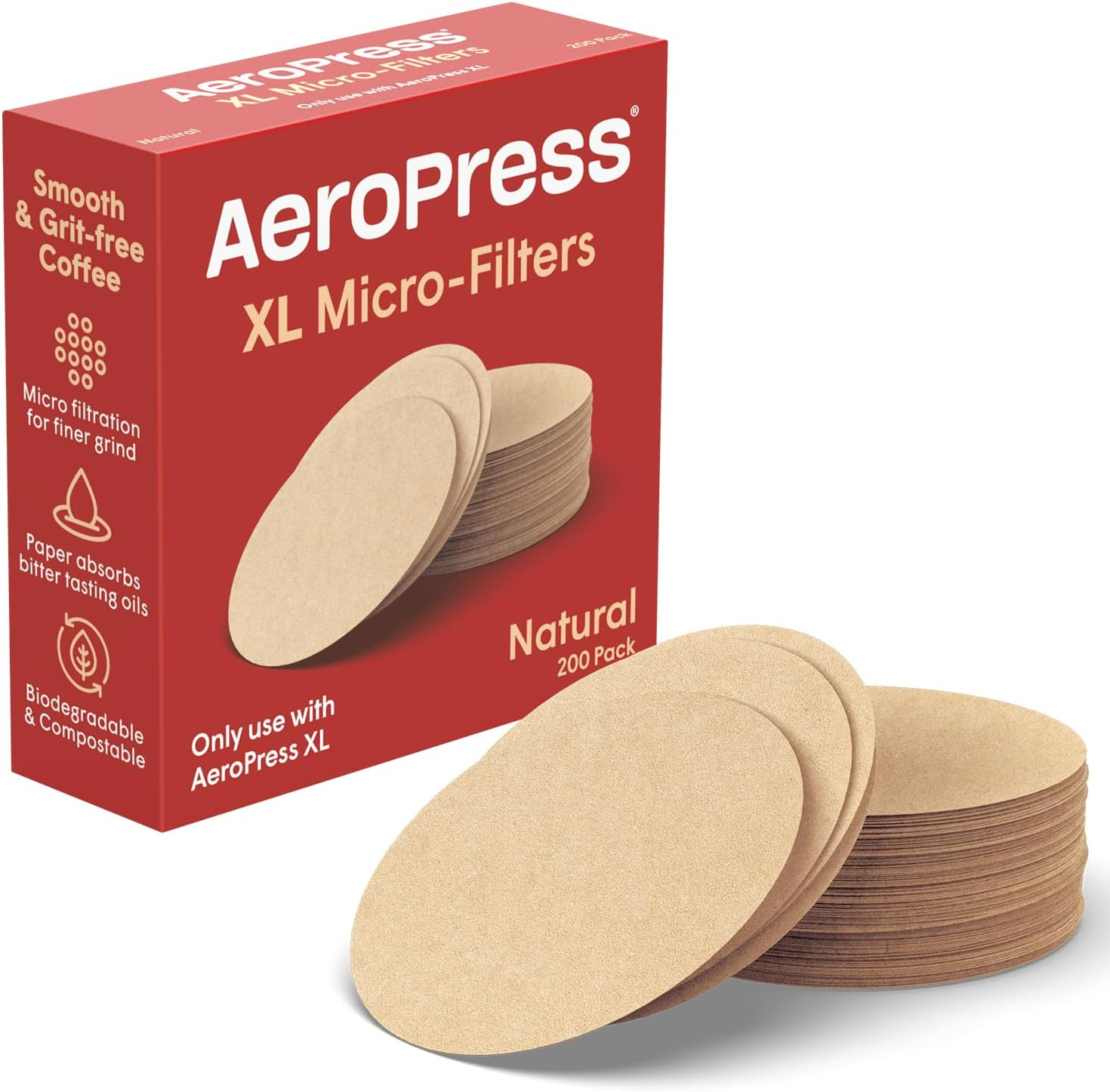 Aeropress XL Natural Paper Microfilters, Aeropress Coffee Filters, Unbleached round Paper Filters for Coffee Makers, Must-Have Coffee Accessories, XL, 1 Pack, 200 Count image number 1