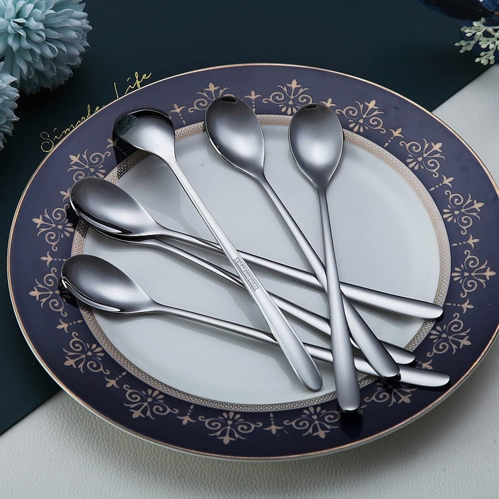 Long Handle Spoon, Coffee Stirrers, Premium Stainless Steel Coffee Spoons, Ice Tea Spoons, Ice Cream Spoon, Cocktail Stirring Spoons, Tea Spoons, Set of 6 (Silver) image number 4