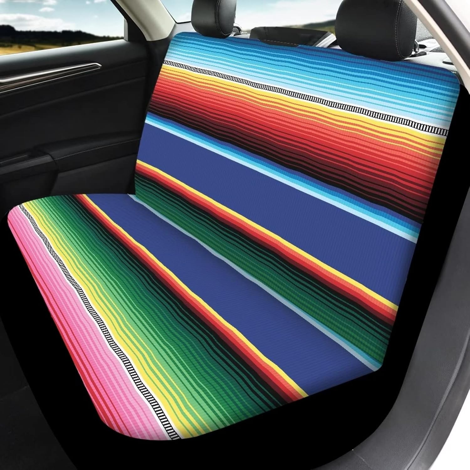 Wideasale Mexican Blanket Serape Stripe Pattern Colorful 12 Pcs Set Car Accessories Universal Fit Full Seat Cover+Steering Wheel Covers+Keychain+Lipstick Holder+Coaster Auto Interior Protector image number 6
