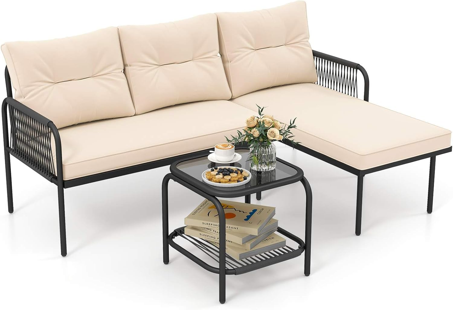 Costway 3-Piece Patio Sectional Sofa Set, Outdoor L-Shaped Furniture Set, Wicker Rattan Conversation Set with Thick Cushions, Detachable Lounger & Tempered Glass Coffee Table, for Yard, Poolside