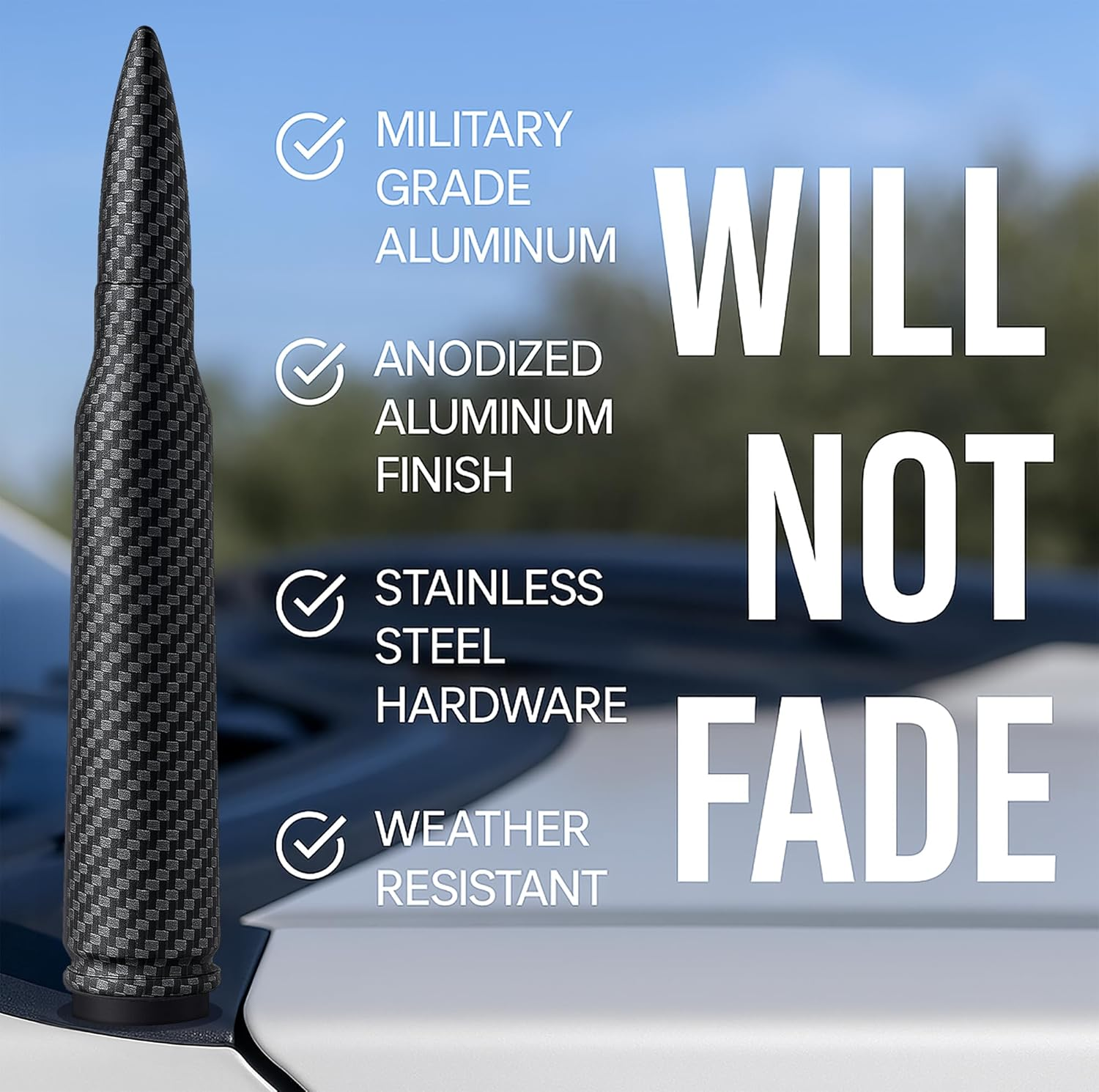 Ecoauto Bullet Antenna Replacement for Dodge Ram & Ford F150 F250 F350 Super Duty Ford Raptor Bronco Trucks - Anti-Theft Design - Radio Antenna for Truck 1990 - Current (Carbon Fiber) - American Flag image number 4