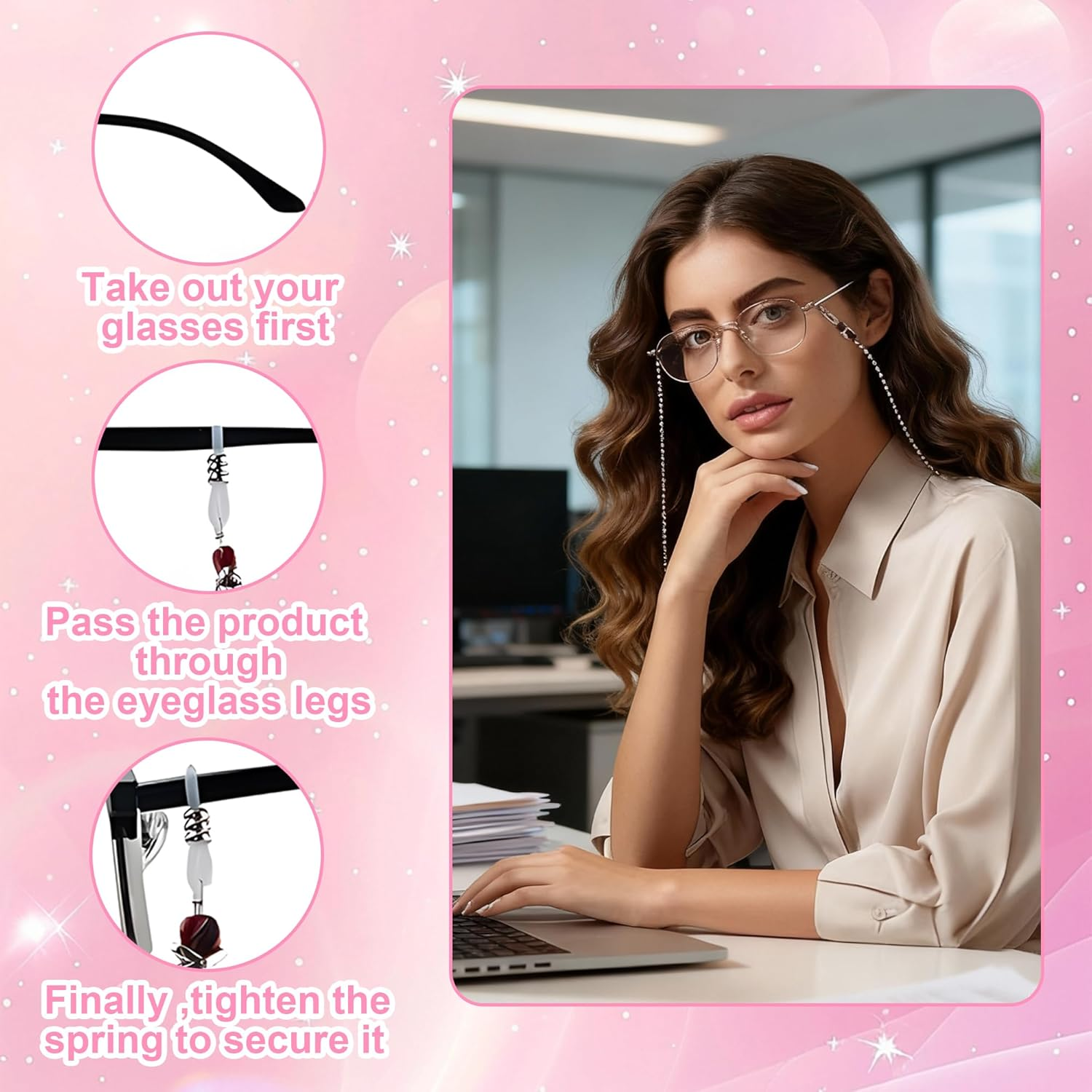 2 Pcs Pearl Glasses Chain, Premium Adjustable Anti-Slip Glasses Strap & Sunglasses Strap for Women Girls, Perfect for Reading, Travel, and Outdoor Activities image number 5