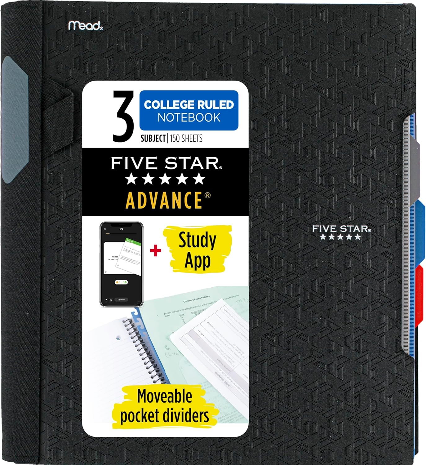 Five Star Advance Spiral Notebook, 3 Subject, College Ruled Paper, 150 Sheets, 11" X 8-1/2", Black (73132)