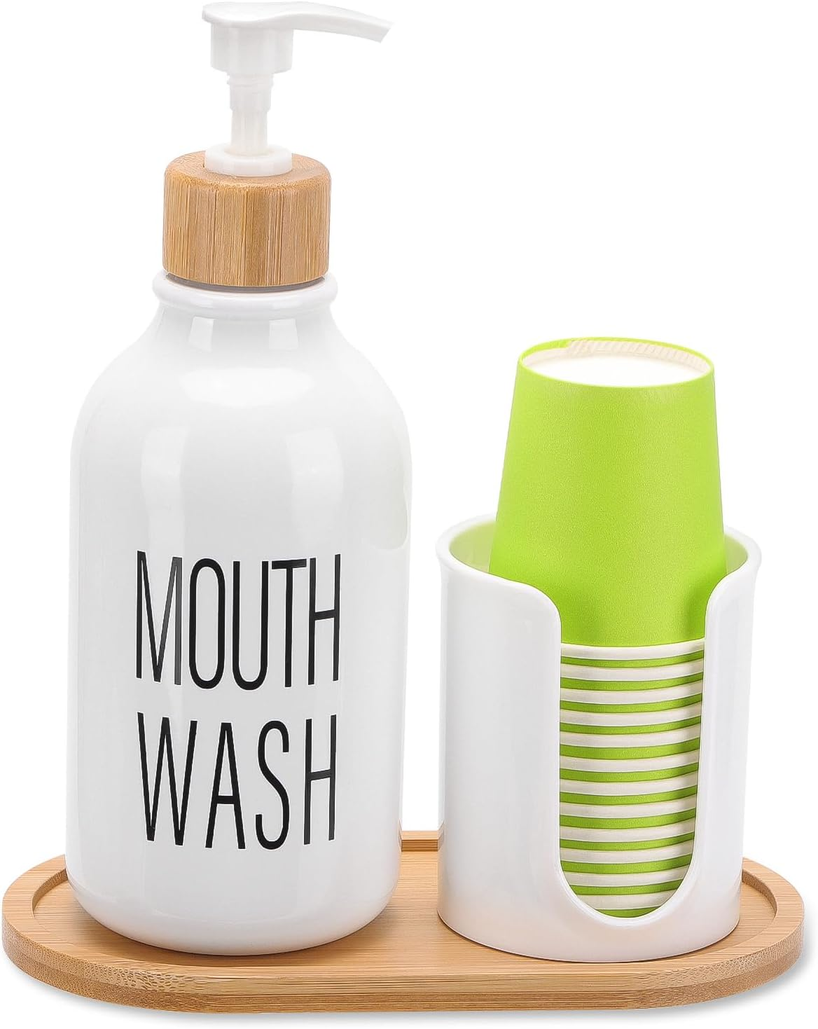 Mouthwash Dispenser with Cup Holder, Plastic White Mouth Wash Pump Bottle with Tray for Bathroom Organizers, 17Oz Refillable Clear Mouthwash Container image number 1