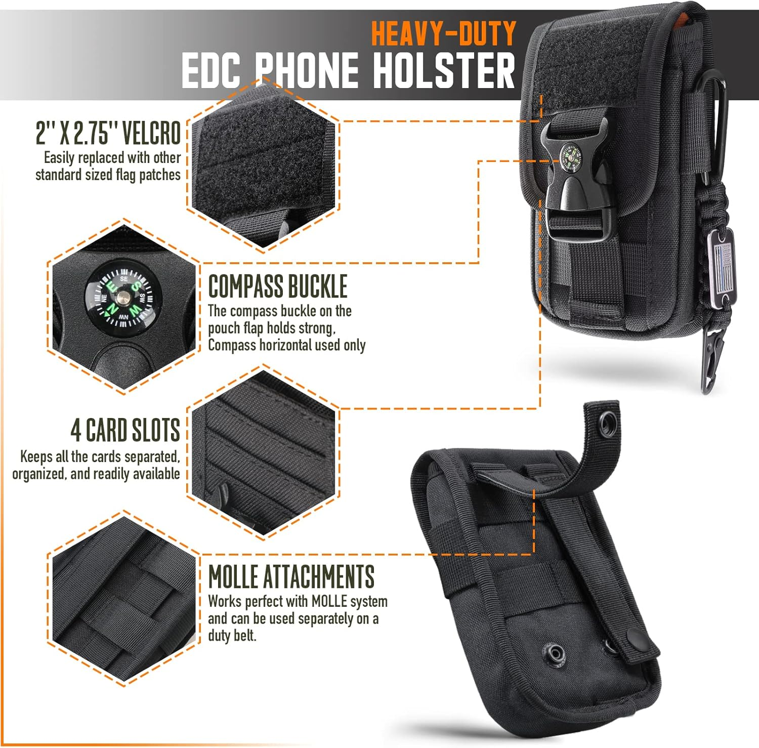 WYNEX Tactical Molle Phone Pouch with Compass Buckle, Tactical Phone Holster Molle Cell Phone Pouch Universal Belt Waist Bag for IP 15/14/13 Pro Max / S22/S21 with US Patch & Paracord Keyring Clip