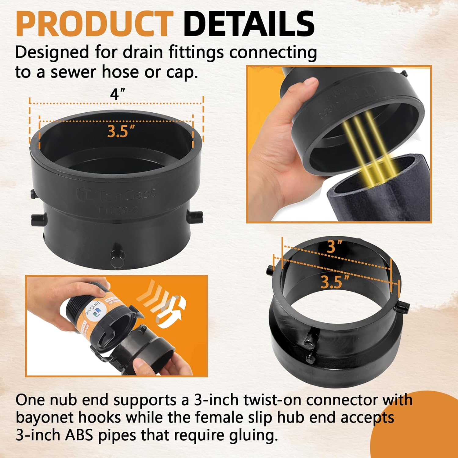 Tongass T1029-2 RV Sewer Termination Adapter - 3" Hub X 3" Bayonet, RV Sewer Hose Termination Adapter with Thread Seal Tape, Camper Sewers Terminations Adapters to 3" PVC - Black image number 2