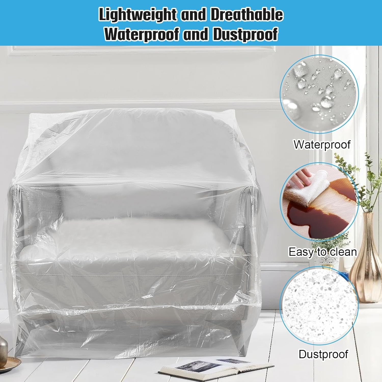 JDFHFGB 2Pcs Large Plastic Furniture Cover for Moving,Clear Waterproof,Anti-Cat Fur,Dustproof Couch Cover, Heavy Duty Chair & Recliner Protector Bag for Storage, Renovation, Transport (34X42X65Inch) image number 4