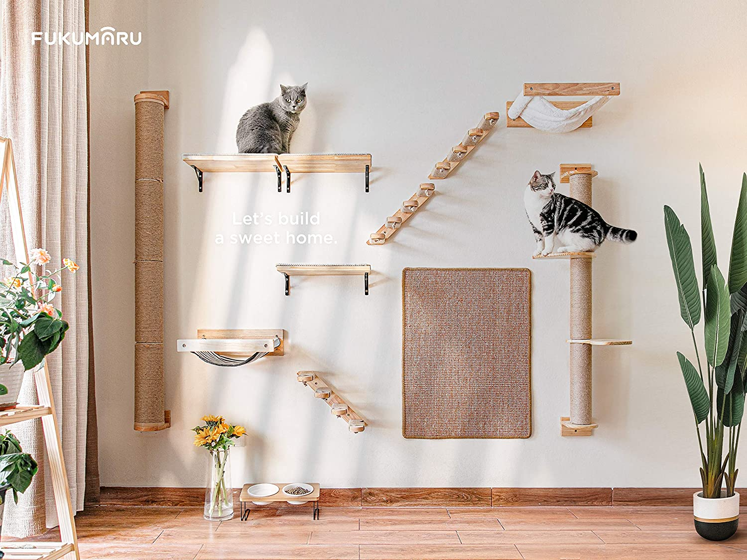 FUKUMARU Hammock Wall Mounted Cat Beds and Perches, Wooden Kitten Walls Furniture, Stable Cats Shelves for Sleeping, Playing, Climbing, and Lounging, Black Stripe - Black image number 3