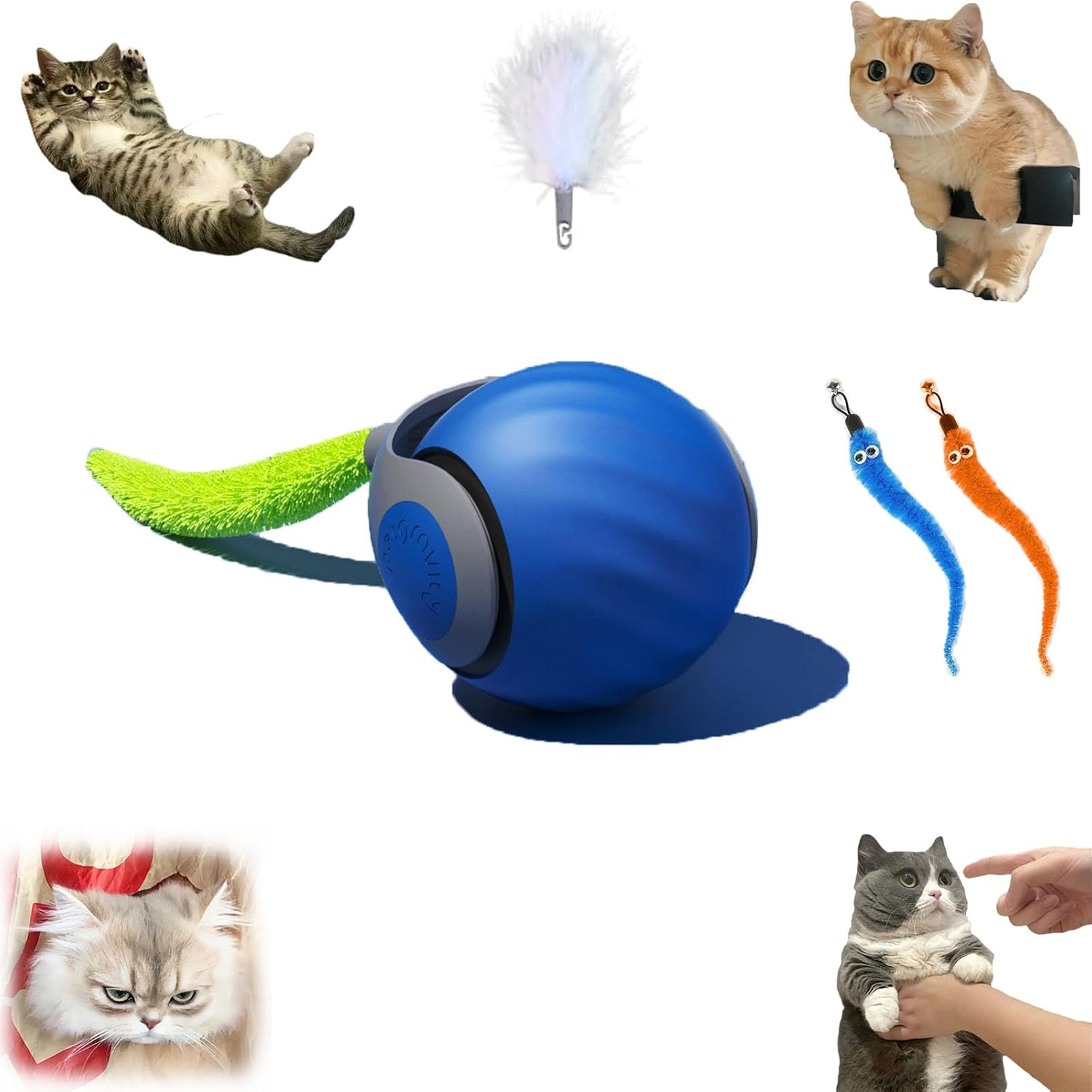 [More Tails] Speedy Tail 2.0 - with 4 Tails, Automatic Moving Cat Toy Ball with Tail, Smart Interactive Cat Toy Ball, Interactive Cats Toys for Indoor, Pet Chase Toy, Two Speed Adjustment (Blue)