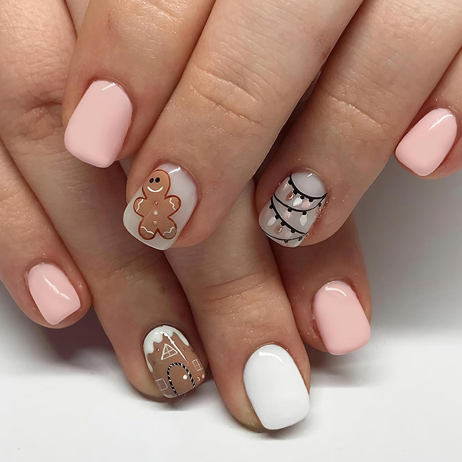 24 PCS Christmas Press on Nails Christmas False Nails French 3D Rhinestone Gingerbread Man Medium Fake Nails Gifts for Women and Girls (No.72)