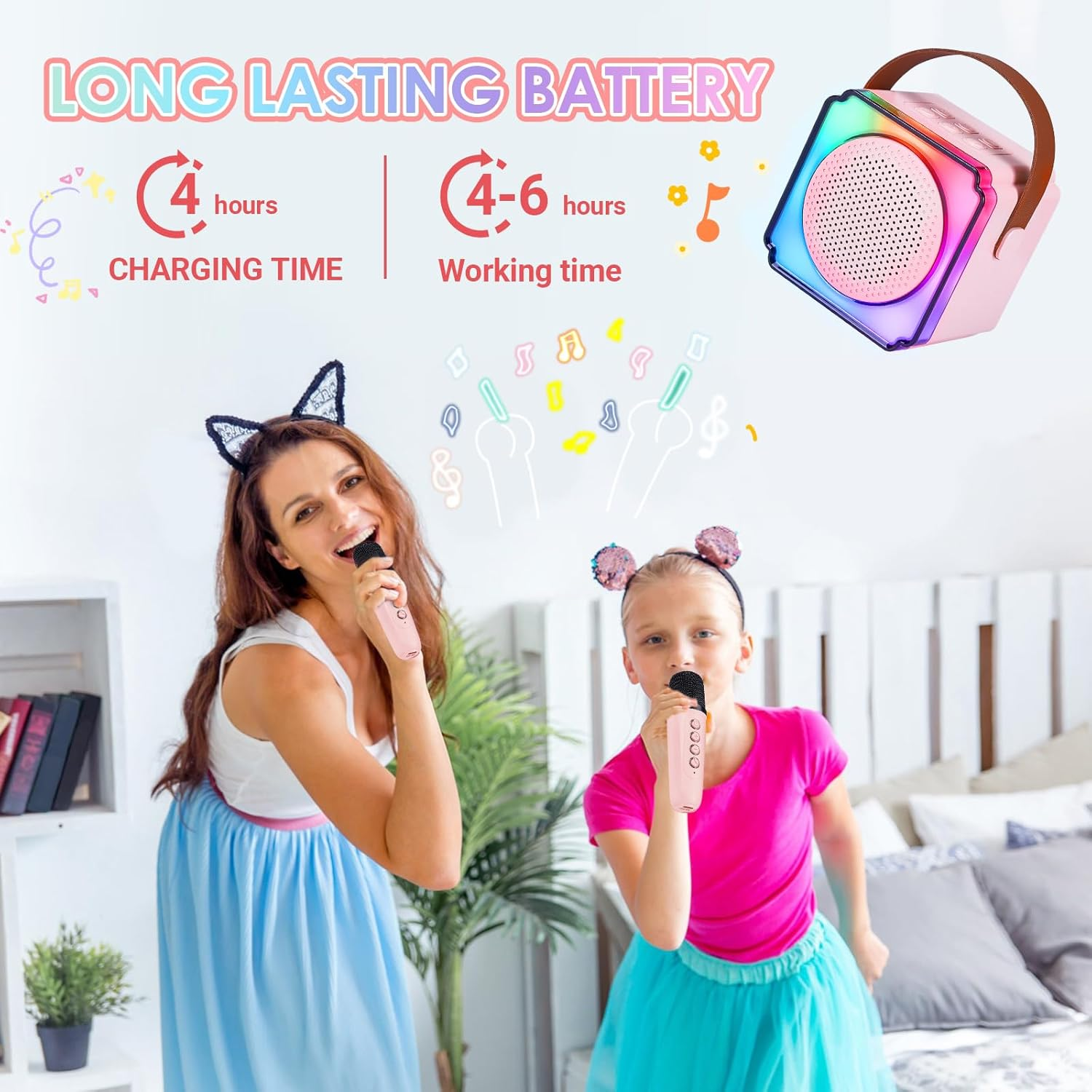 Portable Kids Karaoke Machine with 2 Wireless Microphone, Karaoke Microphone Machine Toy, Mini Bluetooth Speaker Gift with Colorful Lights for Teen Girls Boys Family Home Party Pink