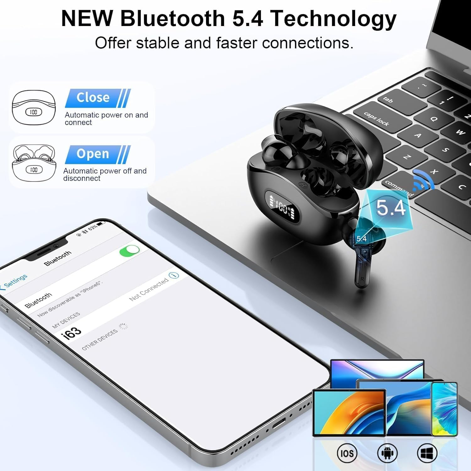 Wireless Earbuds, Bluetooth Headphones 5.4 Hifi Stereo, Ear Buds with 4 ENC Noise Cancelling Mics, 48H Bluetooth Earbuds with Dual LED Display, IP7 Waterproof in Ear Earphones for Android Ios, Black image number 2