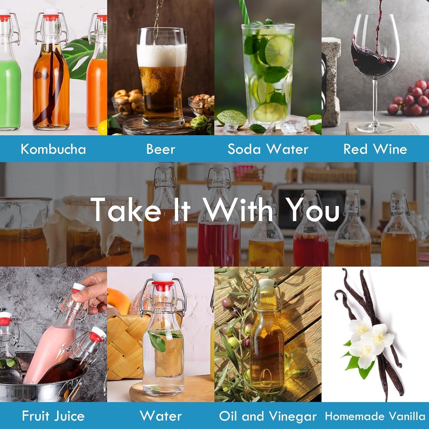 8 Pcs 8 Oz Swing Top Glass Bottles with Flip Airtight Lids Stickers Caps Funnel Rope Labels for Vanilla Extract, Home Brewing, Kombucha, Beer, Oil, Vinegar, Kefir, Limoncello, DIY Gifts & Presents image number 5