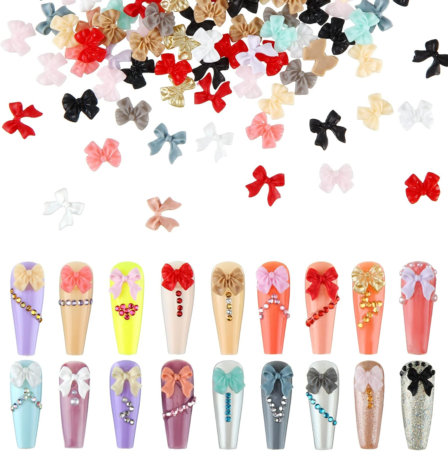 240 Pieces 3D Bow Nail Art Decorations 3D Bows Nail Charms Resin Bow Nail Decorations Colorful Bowknot Nail Accessories for Nail Art Designs Nail Decoration DIY Crafting image number 1