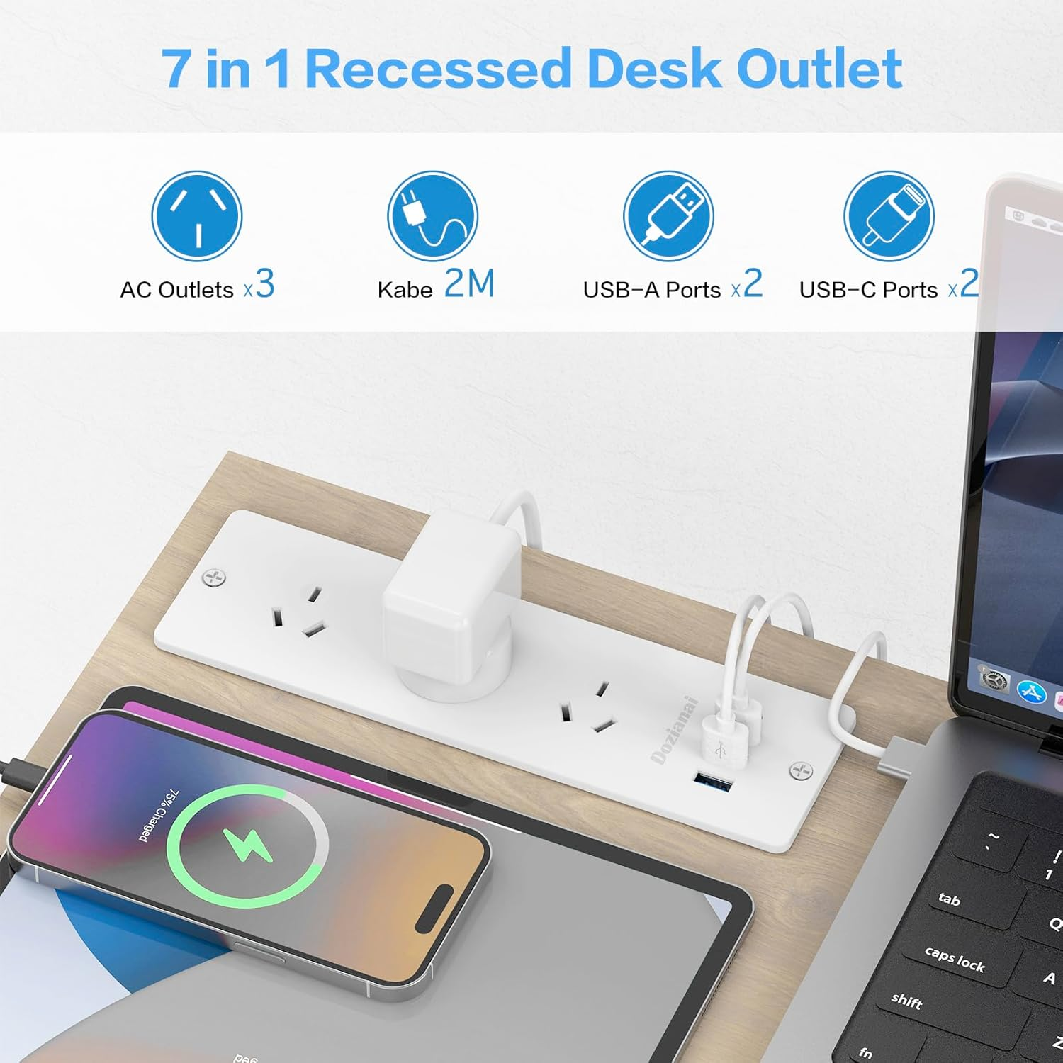 Recessed Power Board with 3 Outlets 4 USB Ports (2&times;USB-C, 2&times;USB-A), 10A/2400W, 2M Extension Cord, Space-Saving Drawer Outlet Flush Mount Power Strip for Desk, Home Office (White) image number 5