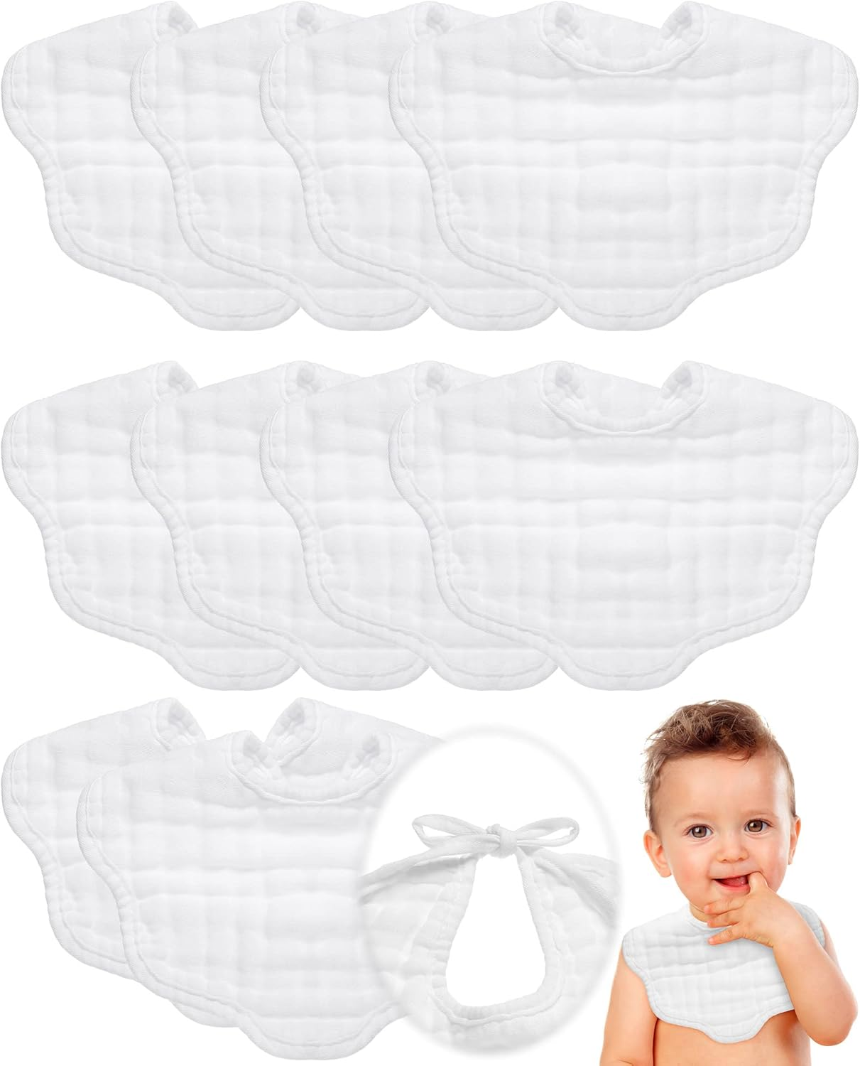 Yahenda 10 Pack Muslin Baby Bibs - White Bandana Drool Bibs, Absorbent Teething Cotton Cloths with Adjustable Straps for Unisex Newborn Infant Toddler, 0-2 Years Old image number 6