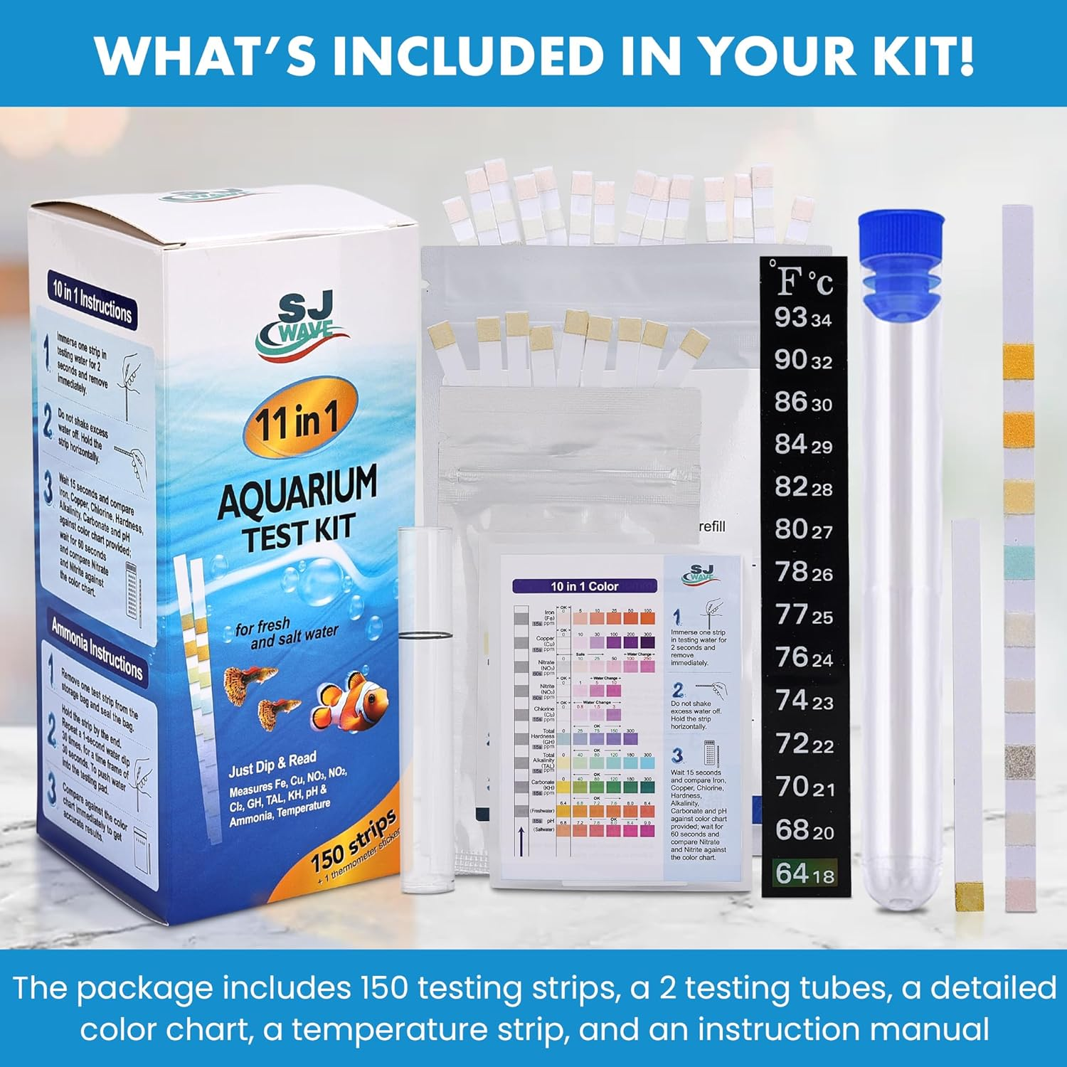 11 in 1 Aquarium Test Strips - Fish Tank Water Testing Kit with Ammonia Test Strips for Fish Tank (150 Strips) & Ebook | Includes 50 Ammonia Strips, Thermometer, & Test Kit for Ponds & All Fish Tanks image number 3