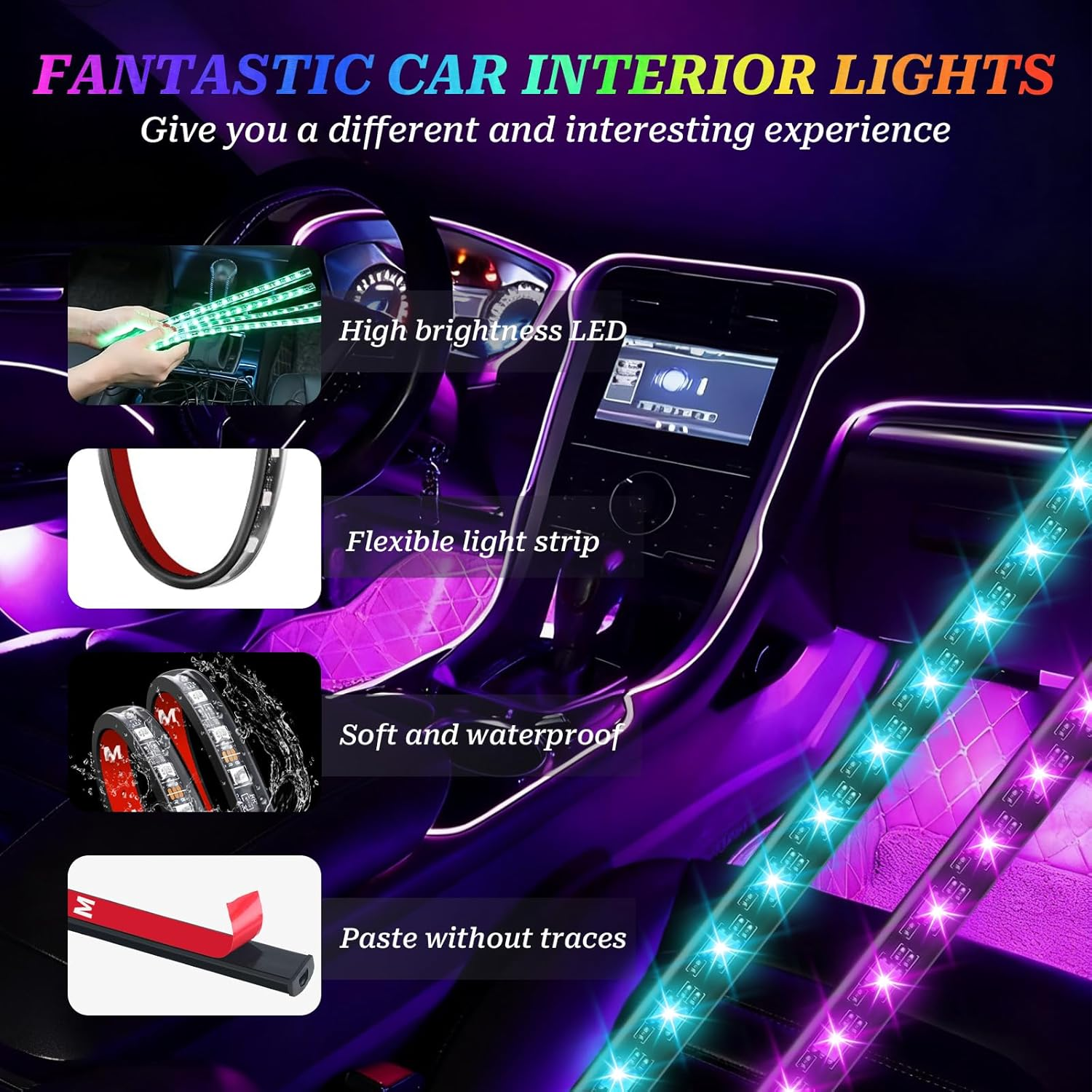 4-In-1 Car Interior Lights, Ambient Strip Lighting for Car, APP Control with USB Port & Music Sync Color Change, 48 LED, Car Decoration for Jeep SUV Truck image number 6
