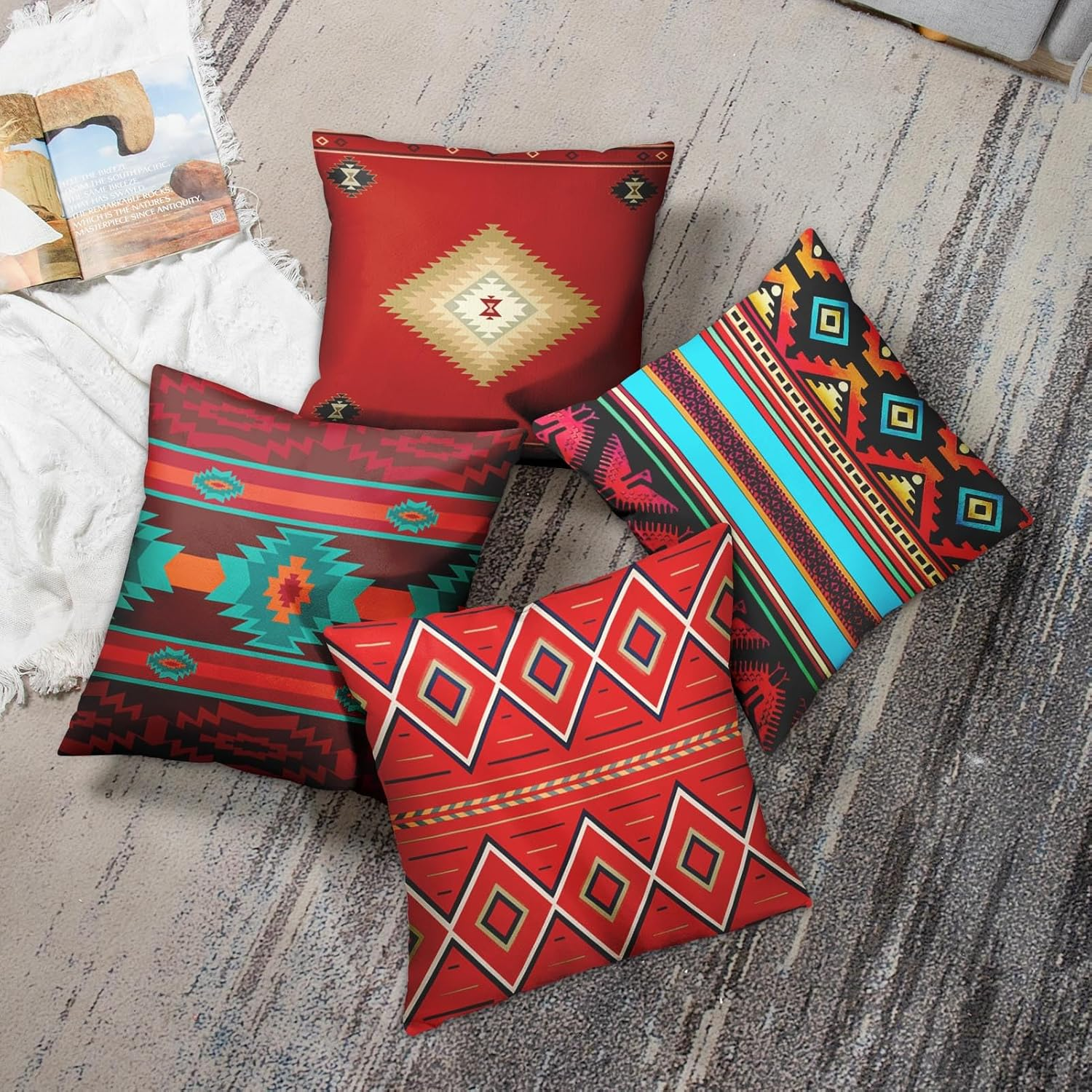 Artsocket Set of 4 Throw Pillow Covers South Southwest Western Tribal Red Native American Home Cultural Geometric Hue Country Decorative Pillow Cases Home Decor Square 18X18 Inches Pillowcases image number 5