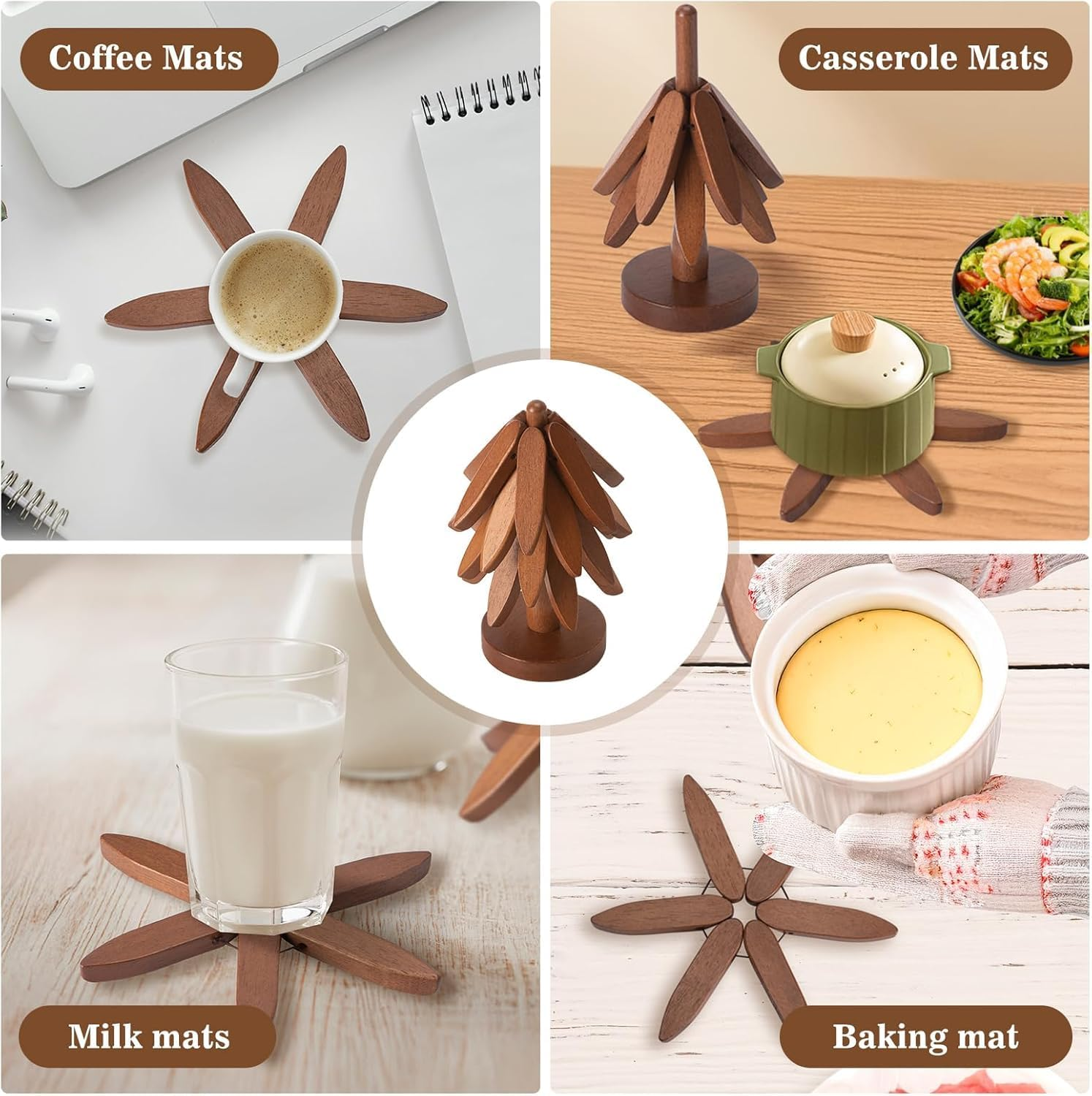 Wooden Tree Trivets Set of 4, Walnut Wood, Auto-Folding, Multi-Functional, Brown image number 5